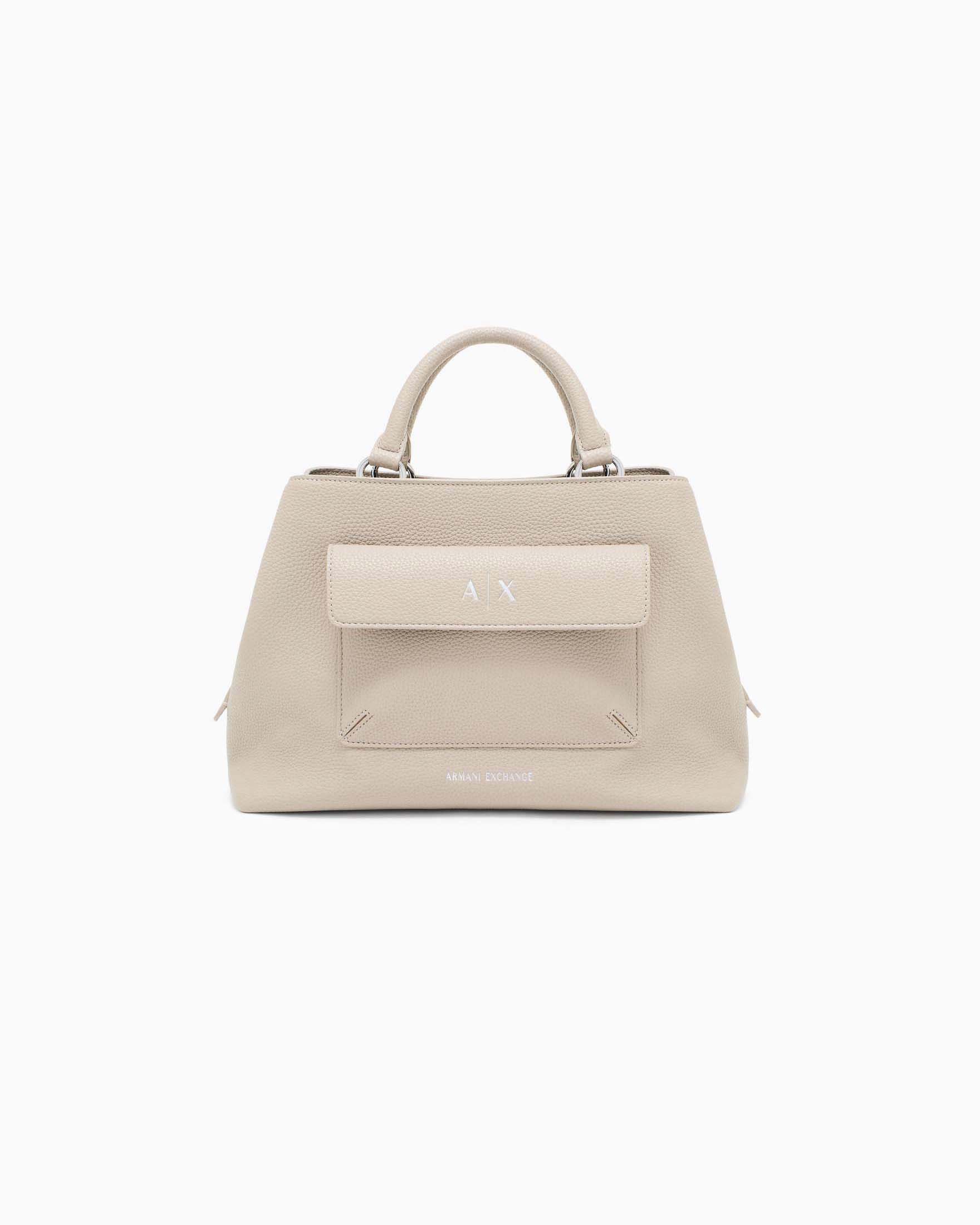 Shopping bag Armani Exchange color sabbia con tasca esterna con patta e tracolla removibile