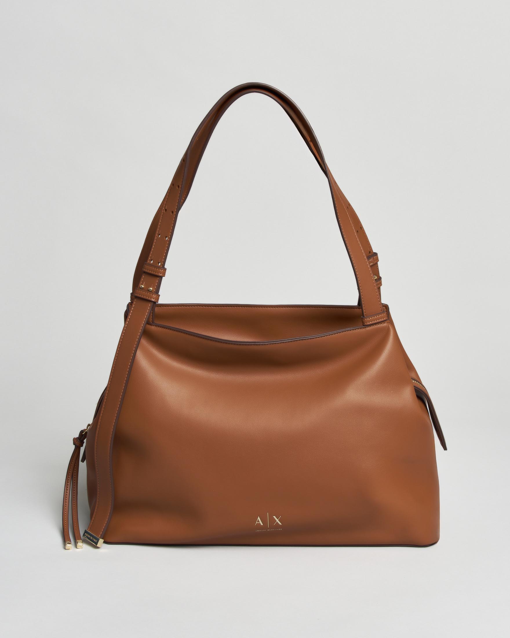 Borsa a spalla Armani Exchange color cuoio con doppio manico e chiusura zip