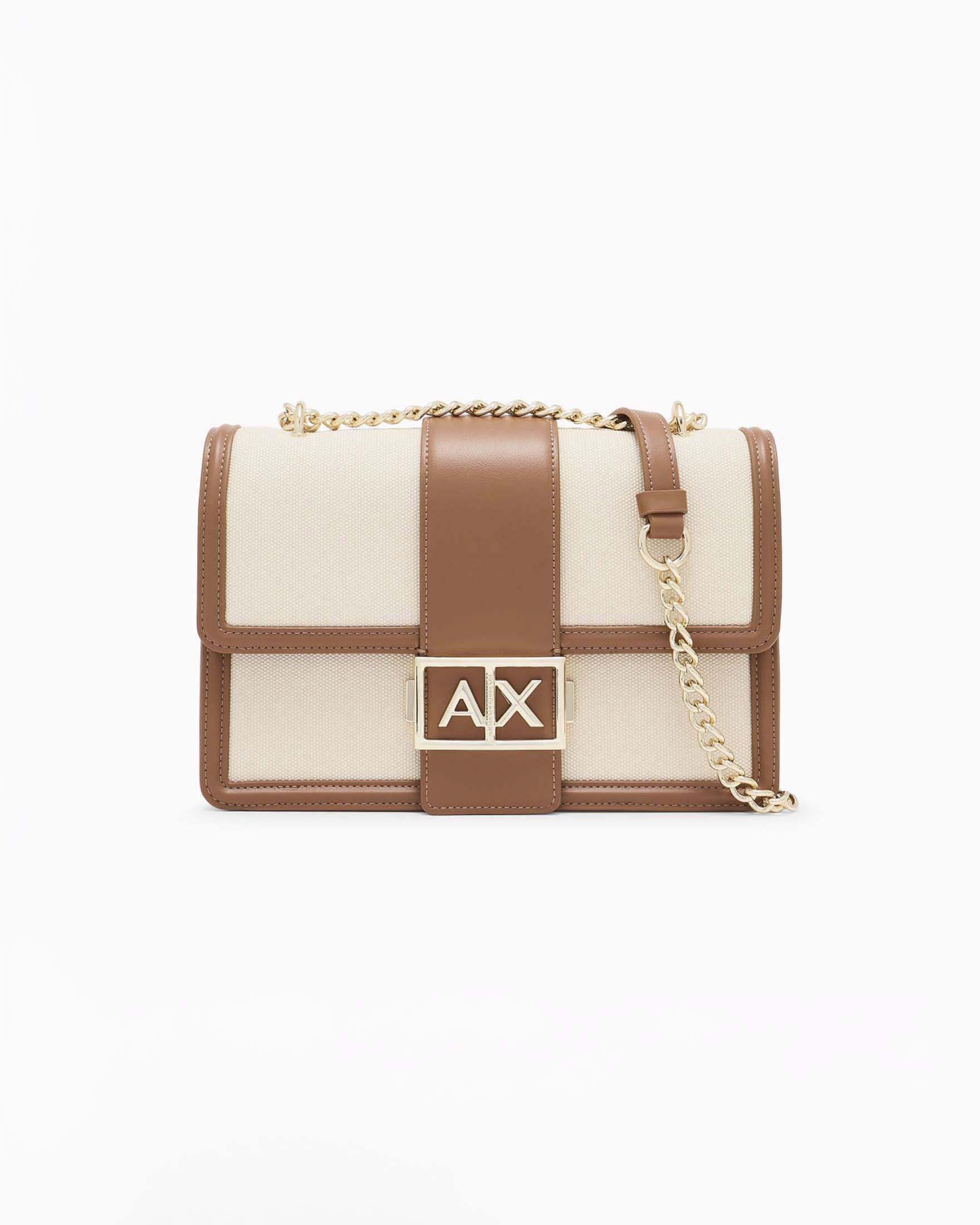 Crossbody bag Armani Exchange color cuoio e naturale con tracolla regolabile e maxi logo frontale