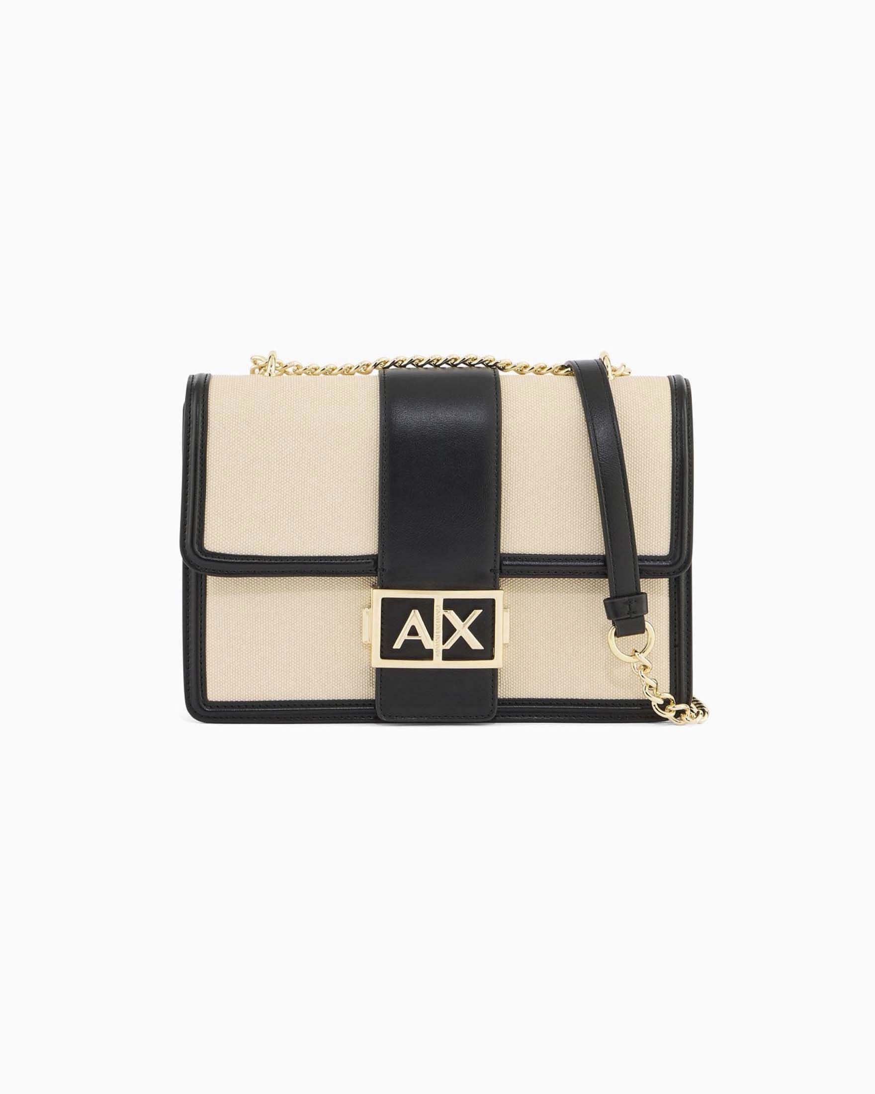 Crossbody bag Exchange nera e naturale con tracolla regolabile e maxi logo frontale