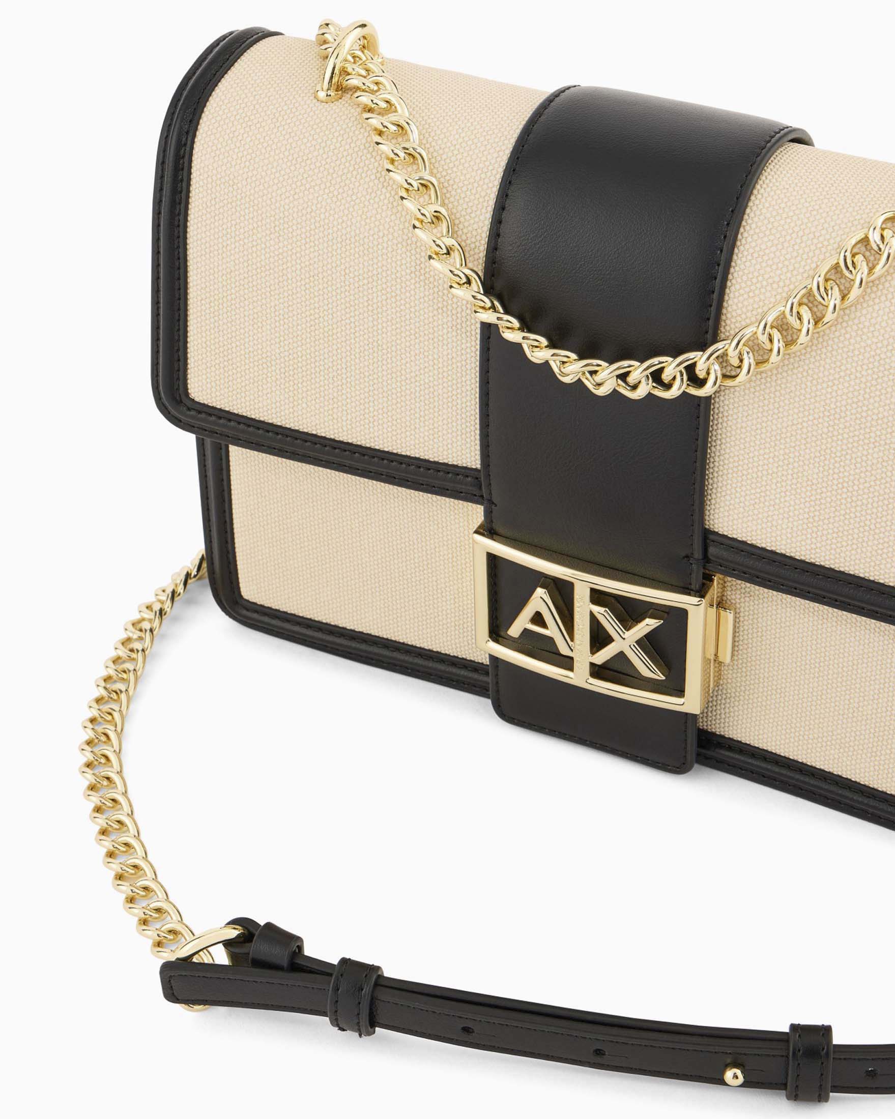 Crossbody bag Armani Exchange nera e naturale con tracolla regolabile e maxi logo frontale image