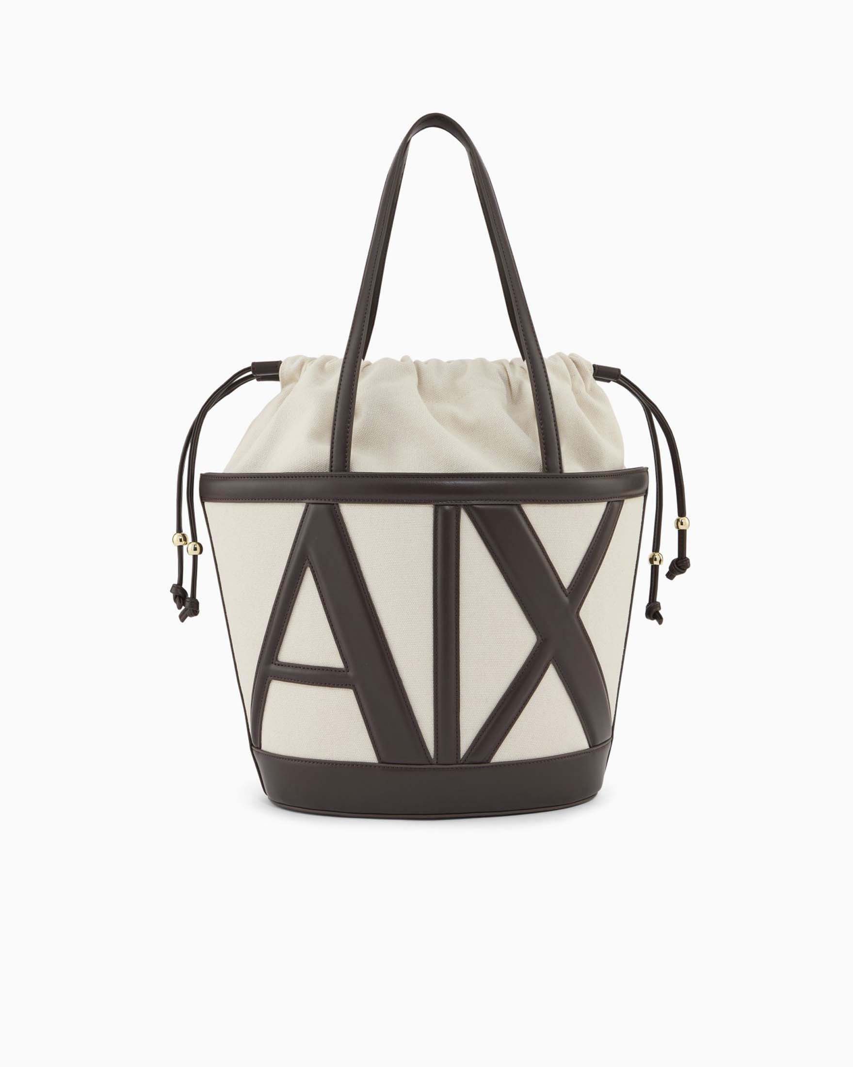 Borsa grande a secchiello Exchange in canvas écru e similpelle color moro con tracolla