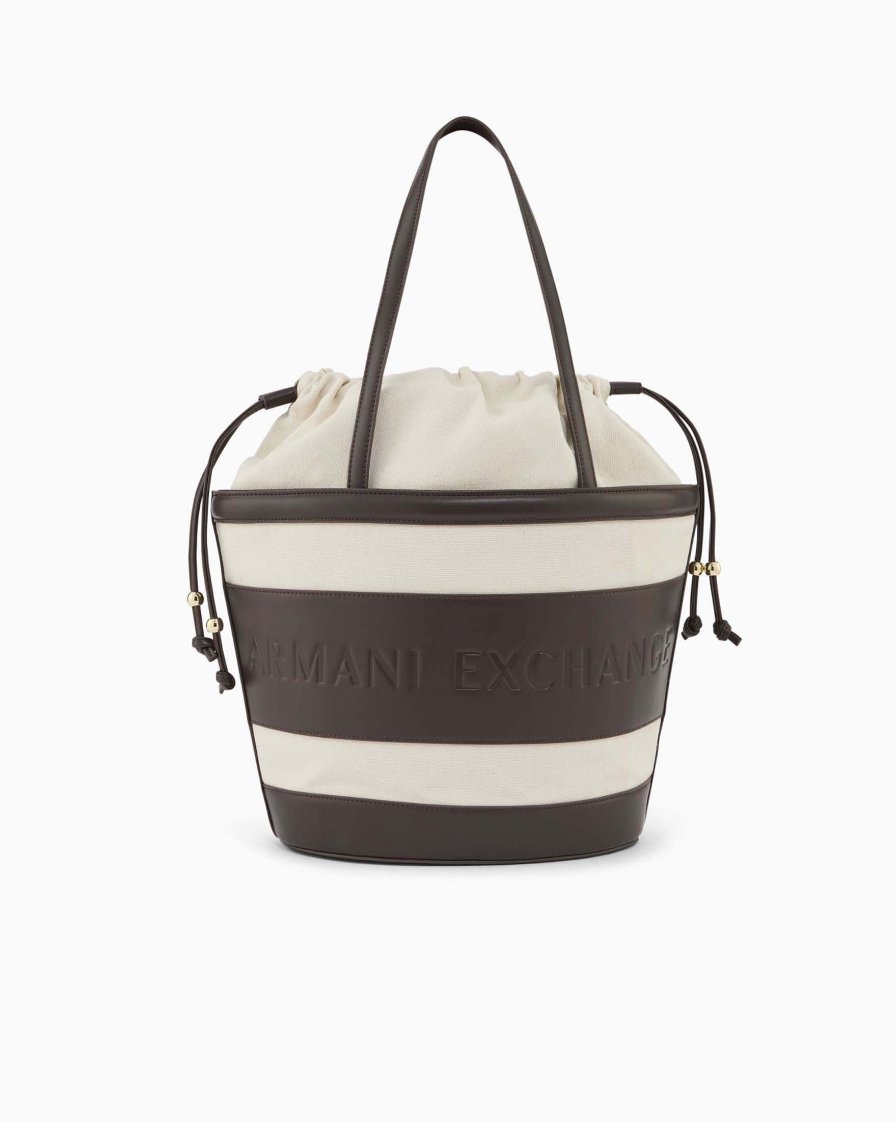 Borsa grande a secchiello Armani Exchange in canvas écru e similpelle color moro con tracolla