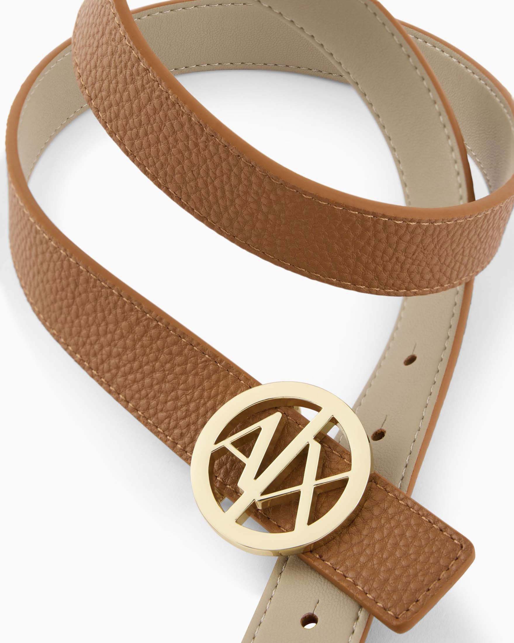 Cintura reversibile Armani Exchange color cuoio e sabbia in similpelle con fibbia logo metallica
