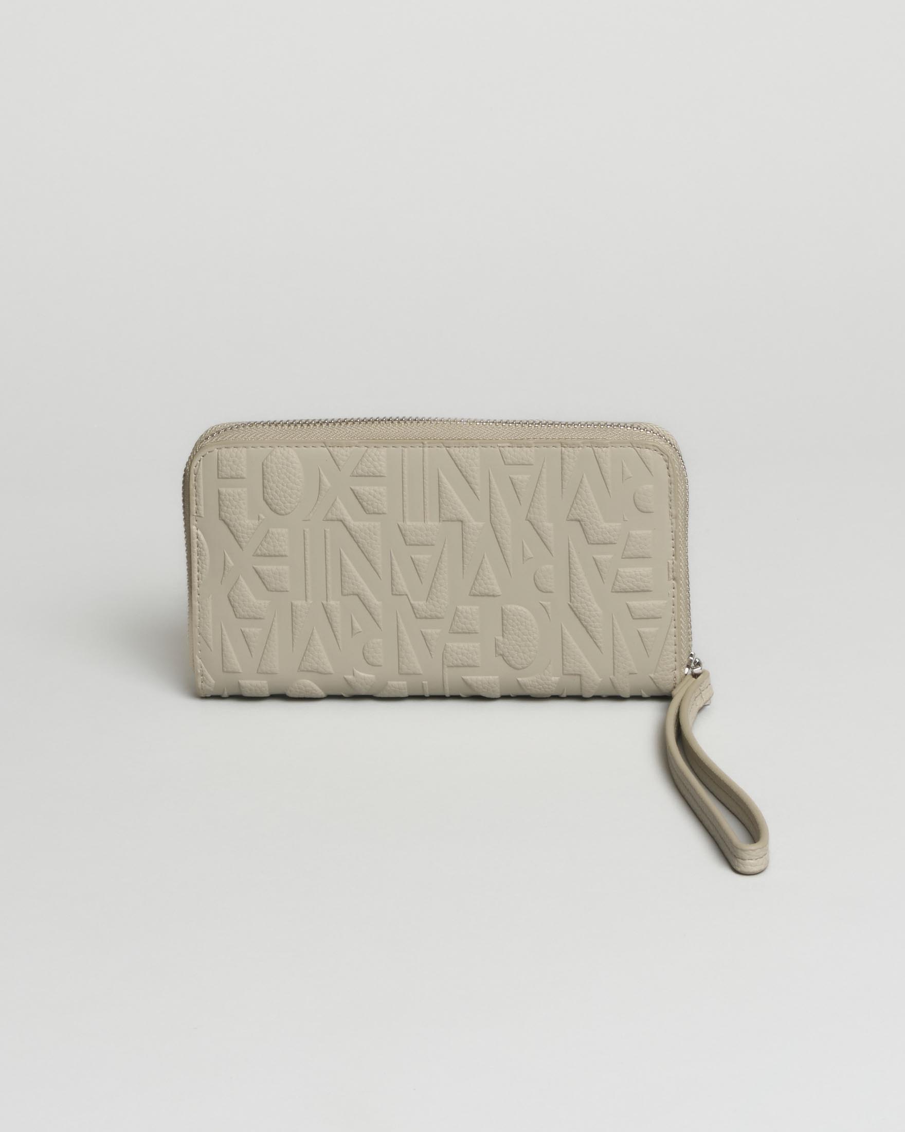 Portafoglio orizzontale Bi-Fold Armani Exchange color gesso effetto embossé con logo allover