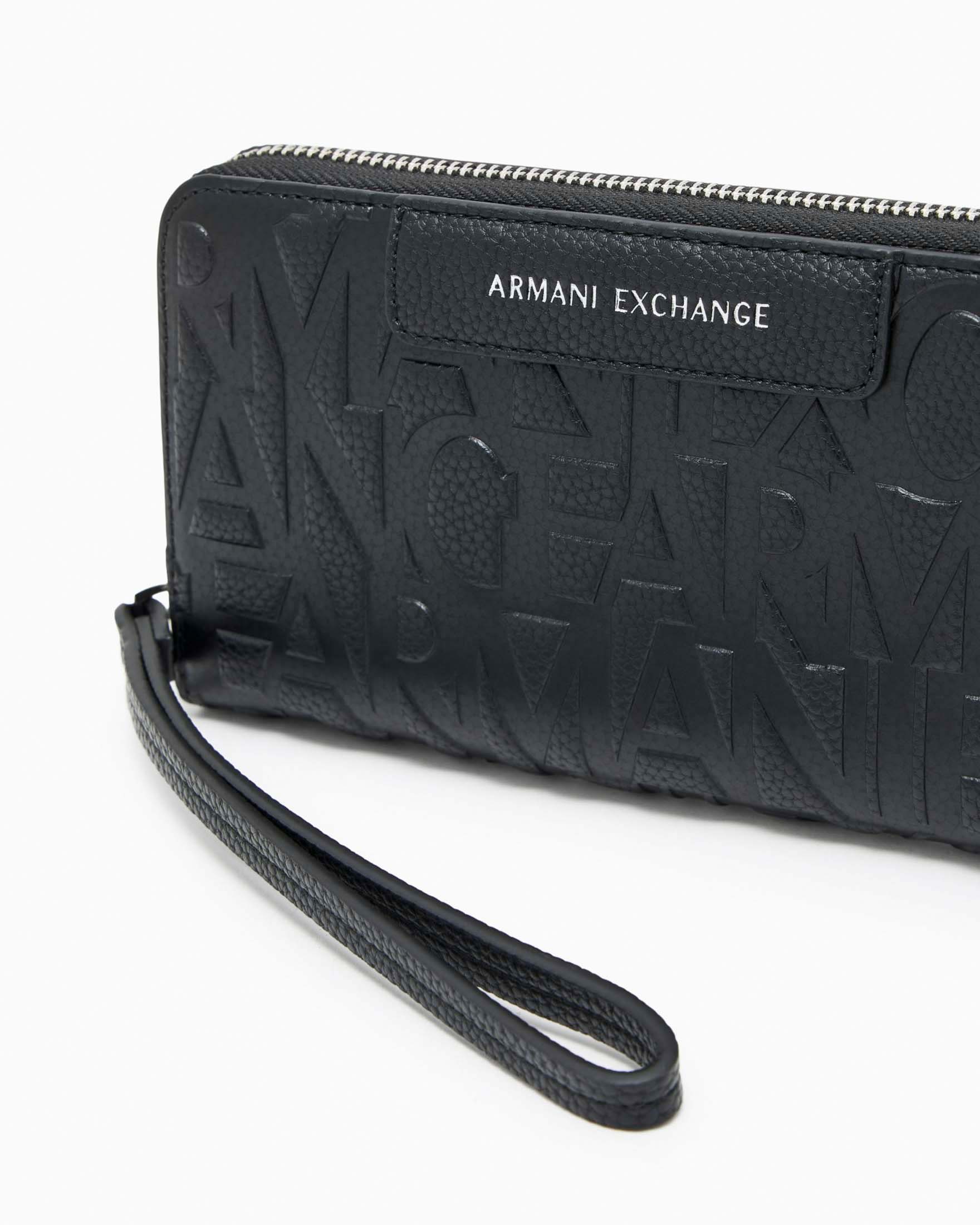 Portafoglio orizzontale Bi-Fold Armani Exchange nero effetto embossé con logo allover