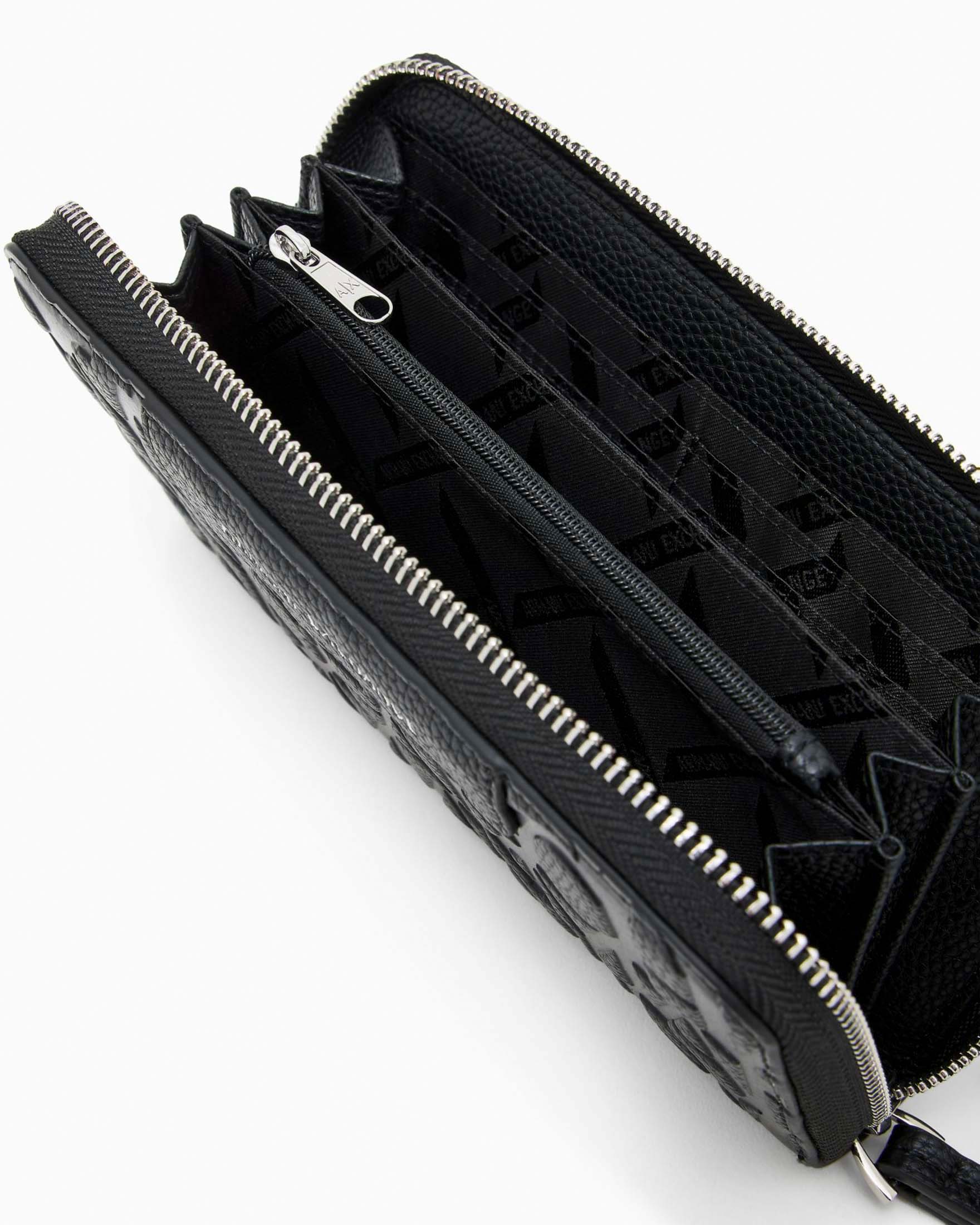 Portafoglio orizzontale Bi-Fold Armani Exchange nero effetto embossé con logo allover
