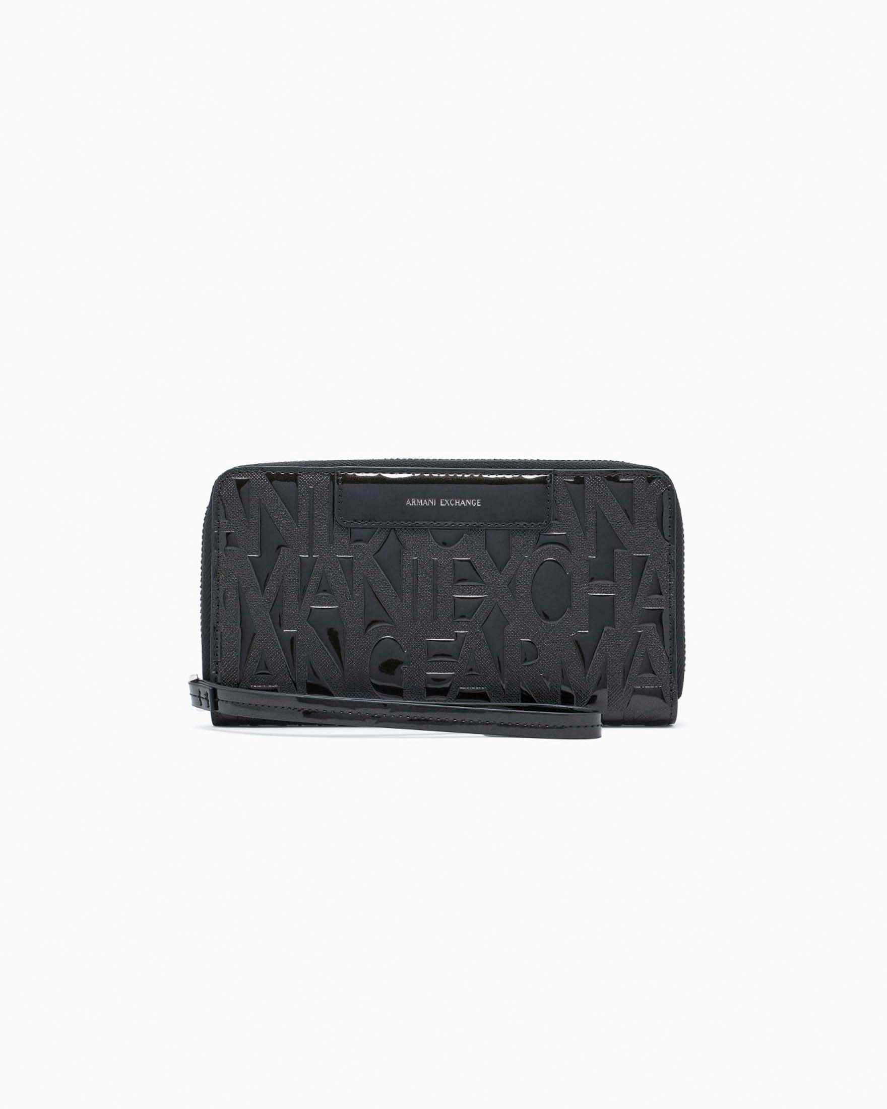 Portafoglio orizzontale Bi-Fold Exchange nero con lettering logo all over
