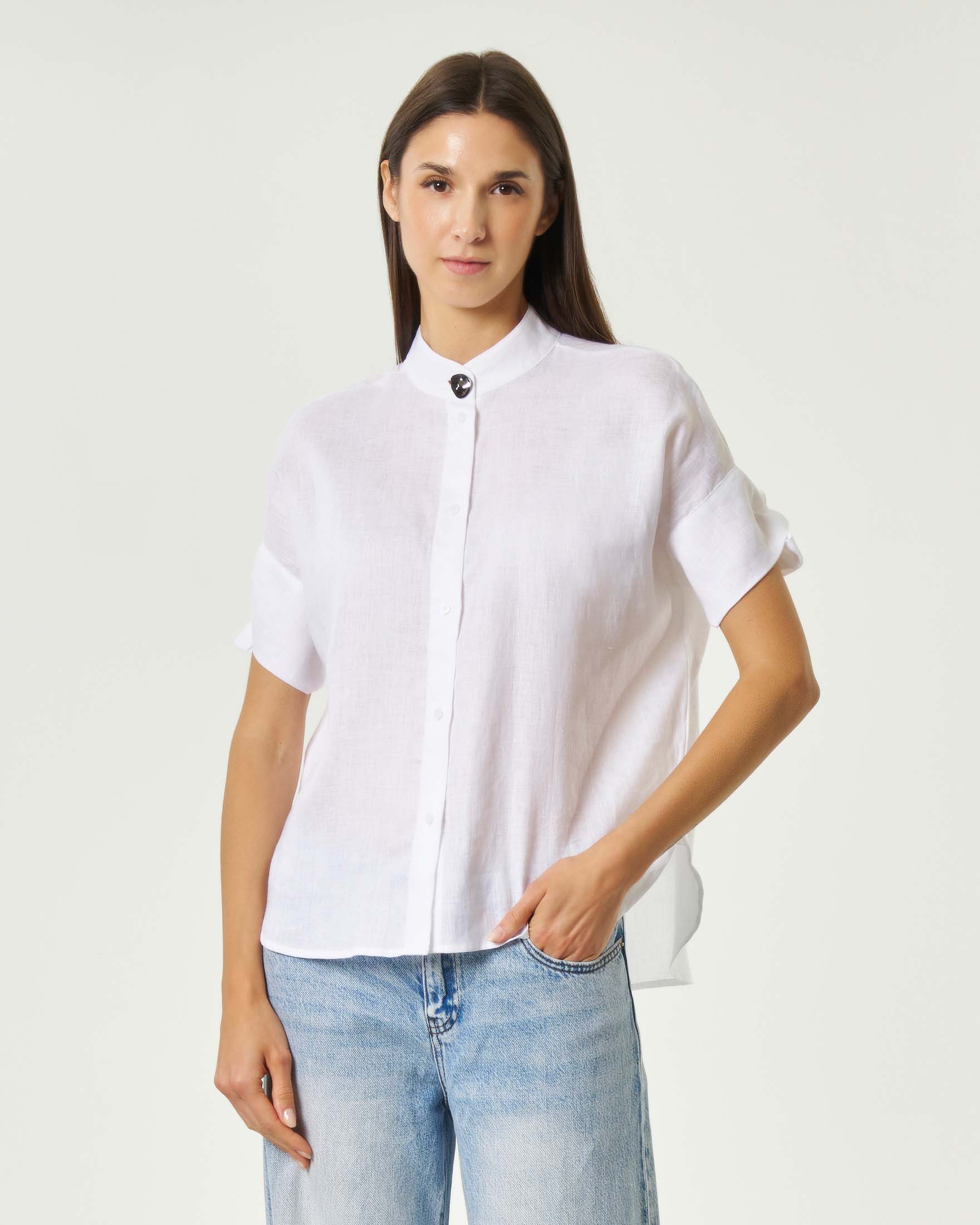 Camicia Exchange bianca in lino con collo alla coreana