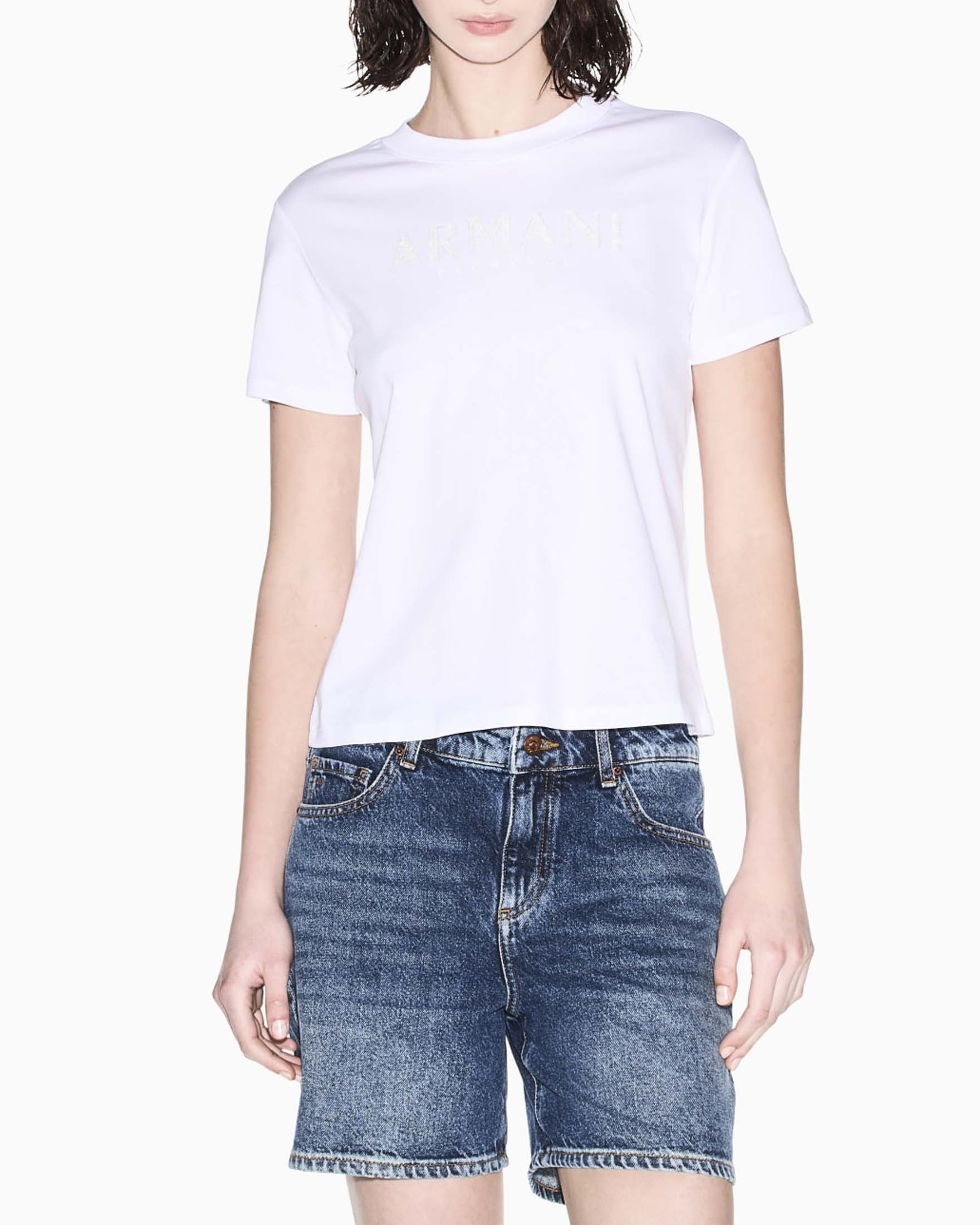 T-shirt relaxed Armani Exchange bianca in jersey di cotone con scritta logo in paillettes