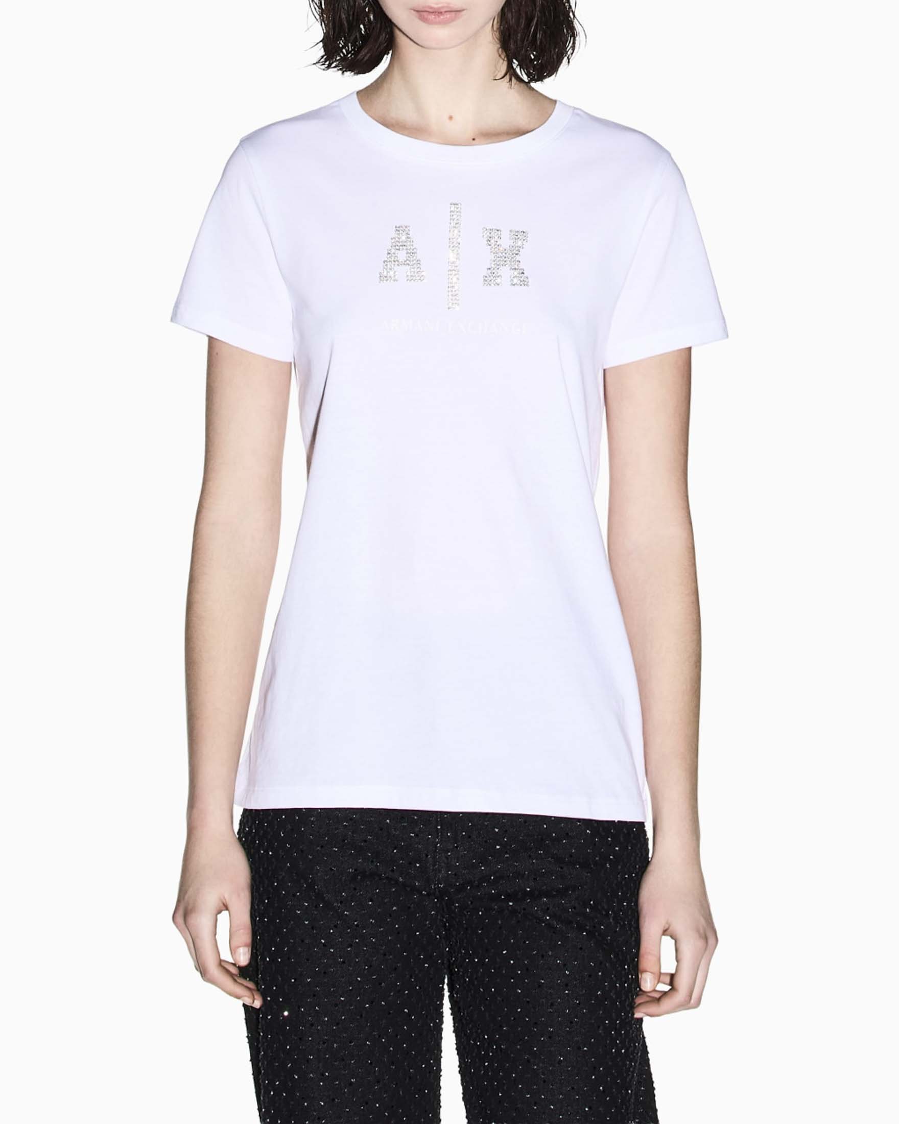 T-shirt regular fit Armani Exchange bianca in jersey di cotone con maxi logo in strass