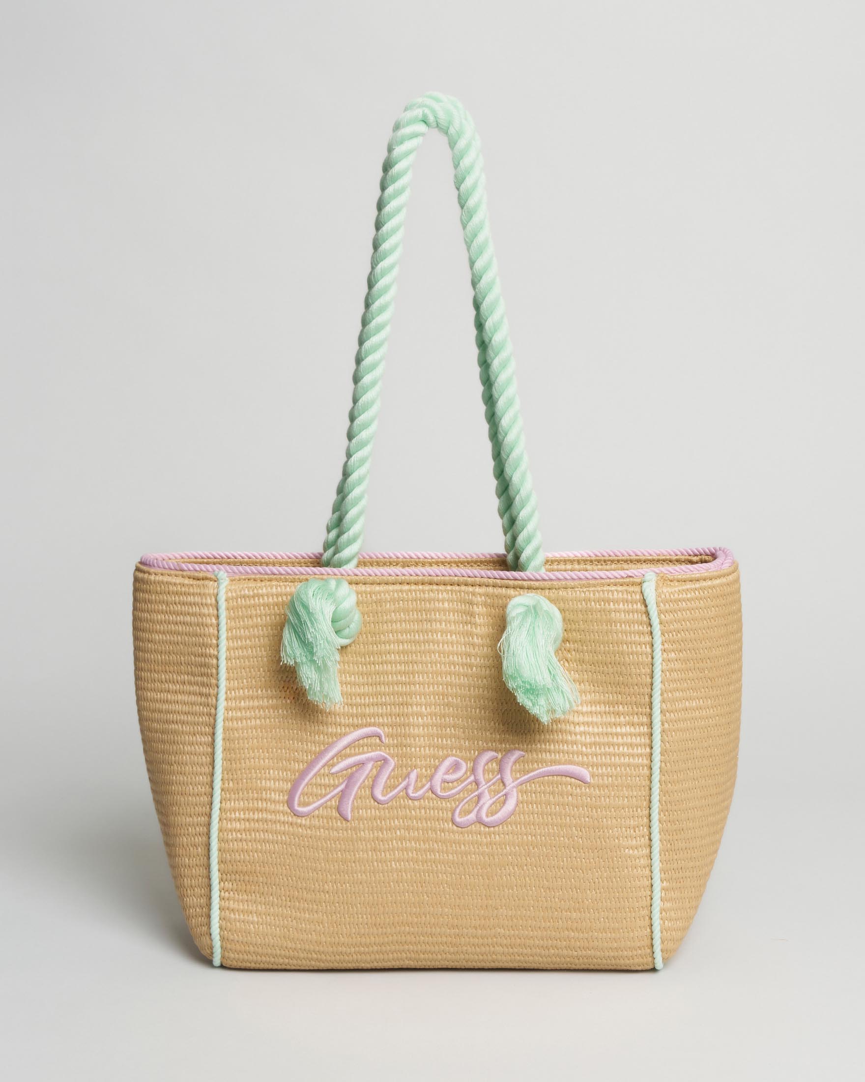 Borsa shopper in rafia con manici verde acqua e scritta logo lilla