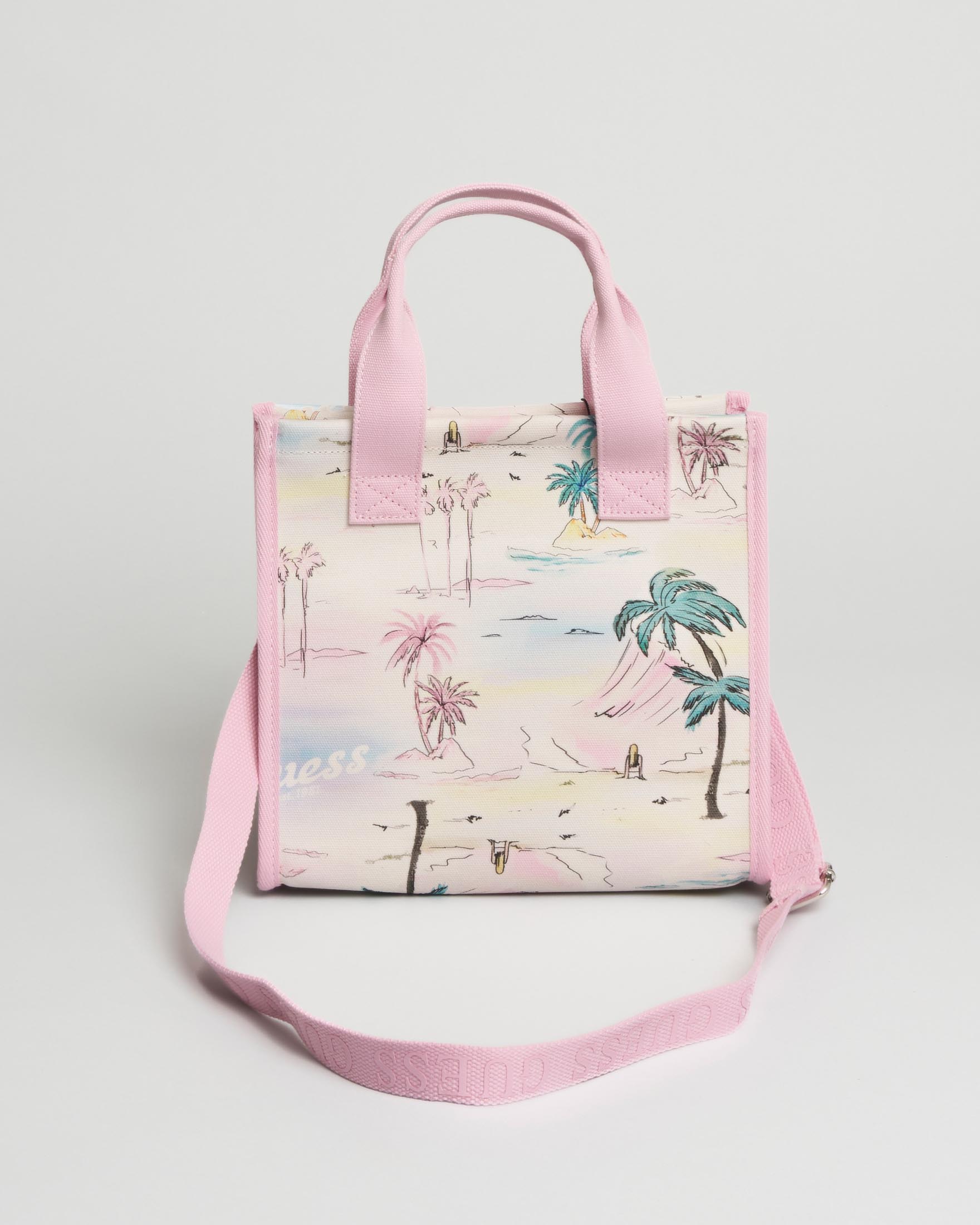 Borsa tote Guess rosa in tela di cotone con stampa palme e logo a triangolo