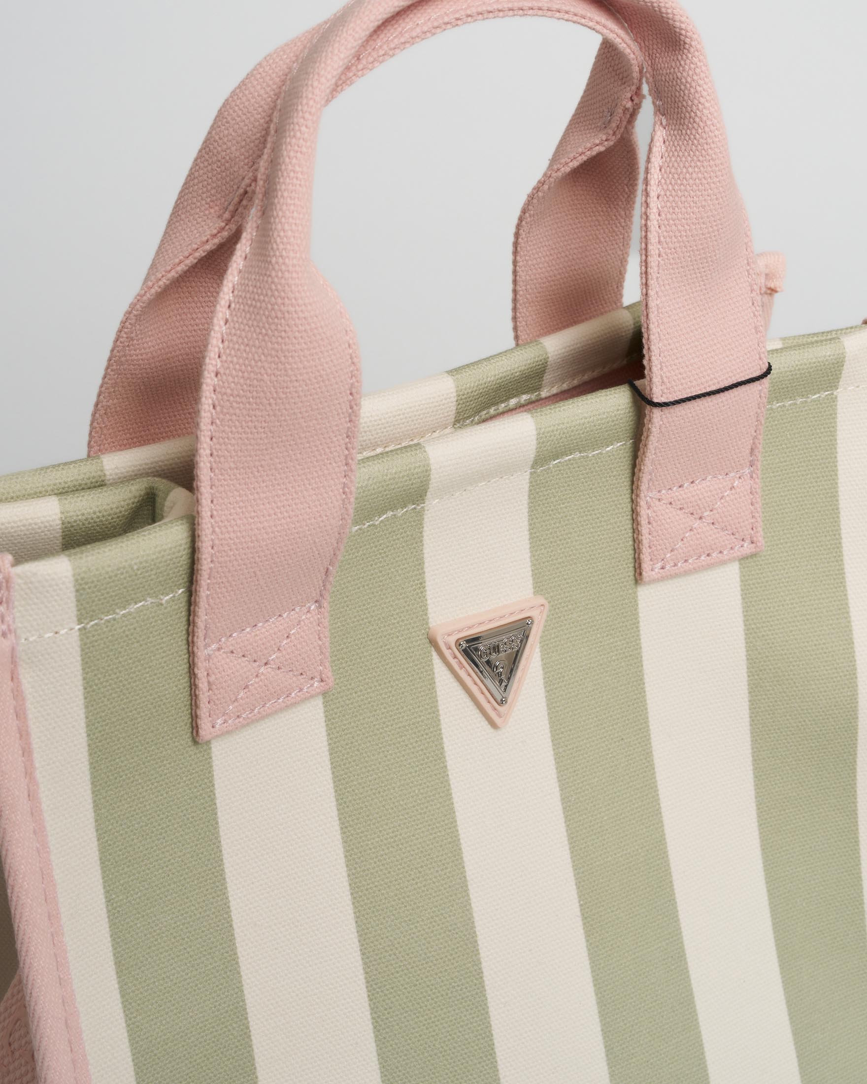 Borsa tote Guess a righe multicolor in tela di cotone con logo a triangolo