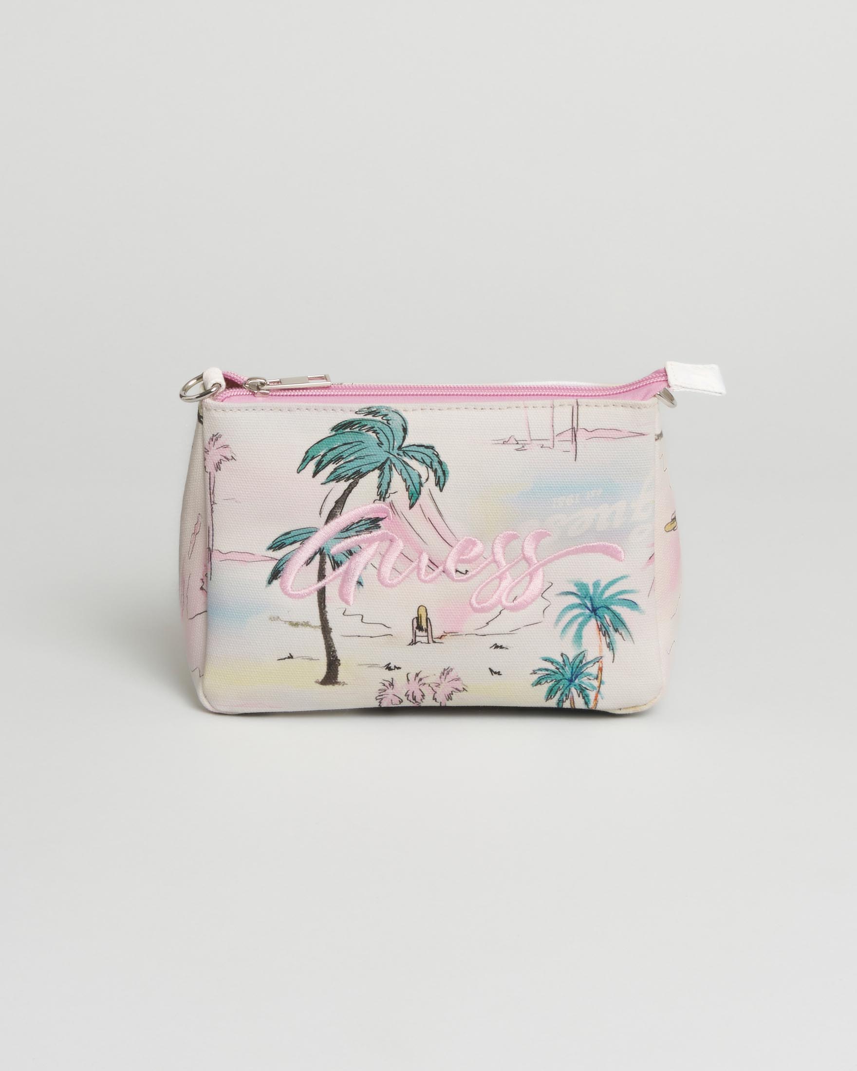Borsa Guess rosa in cotone con stampa palme e tracolla