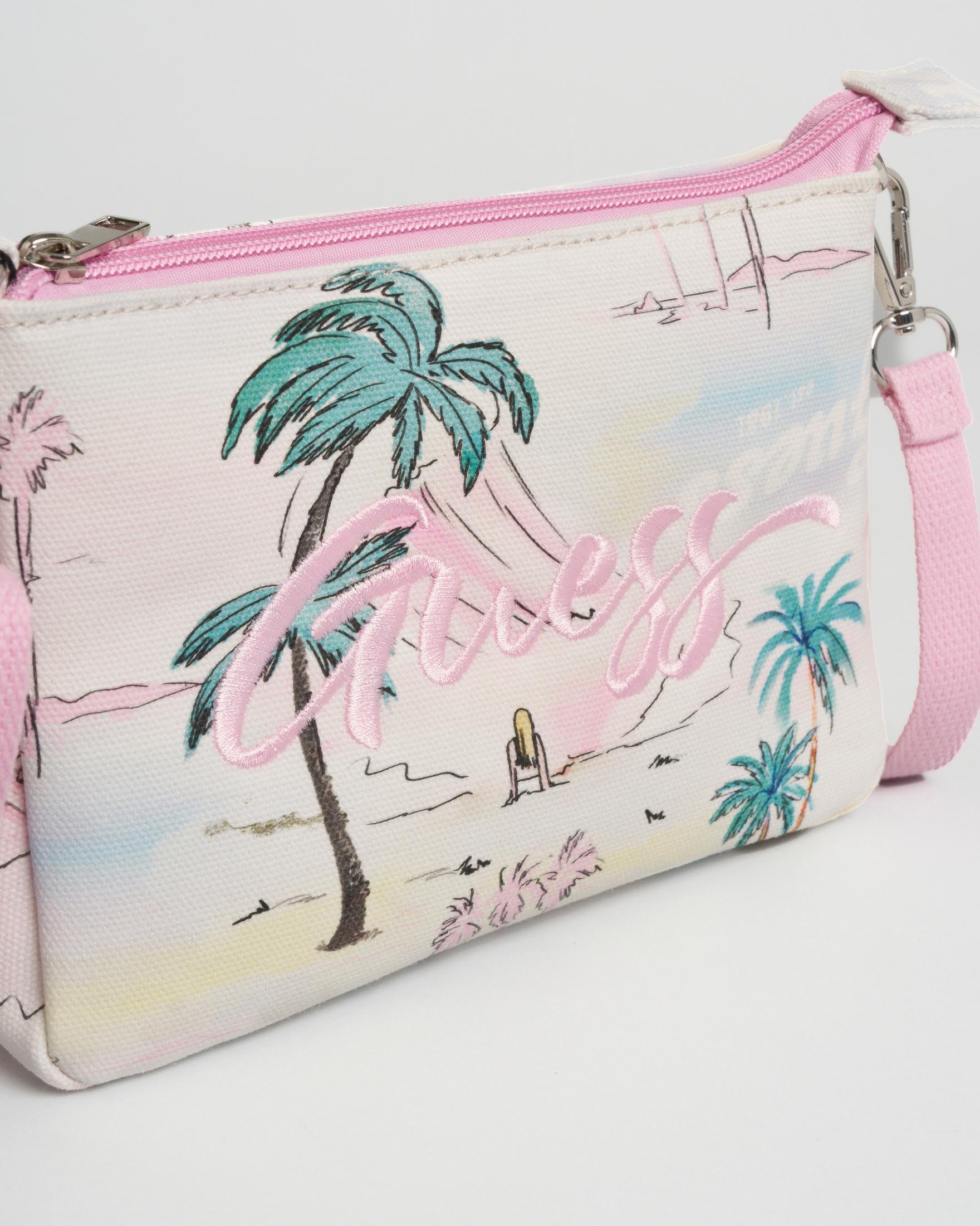 Borsa Guess rosa in cotone con stampa palme e tracolla image