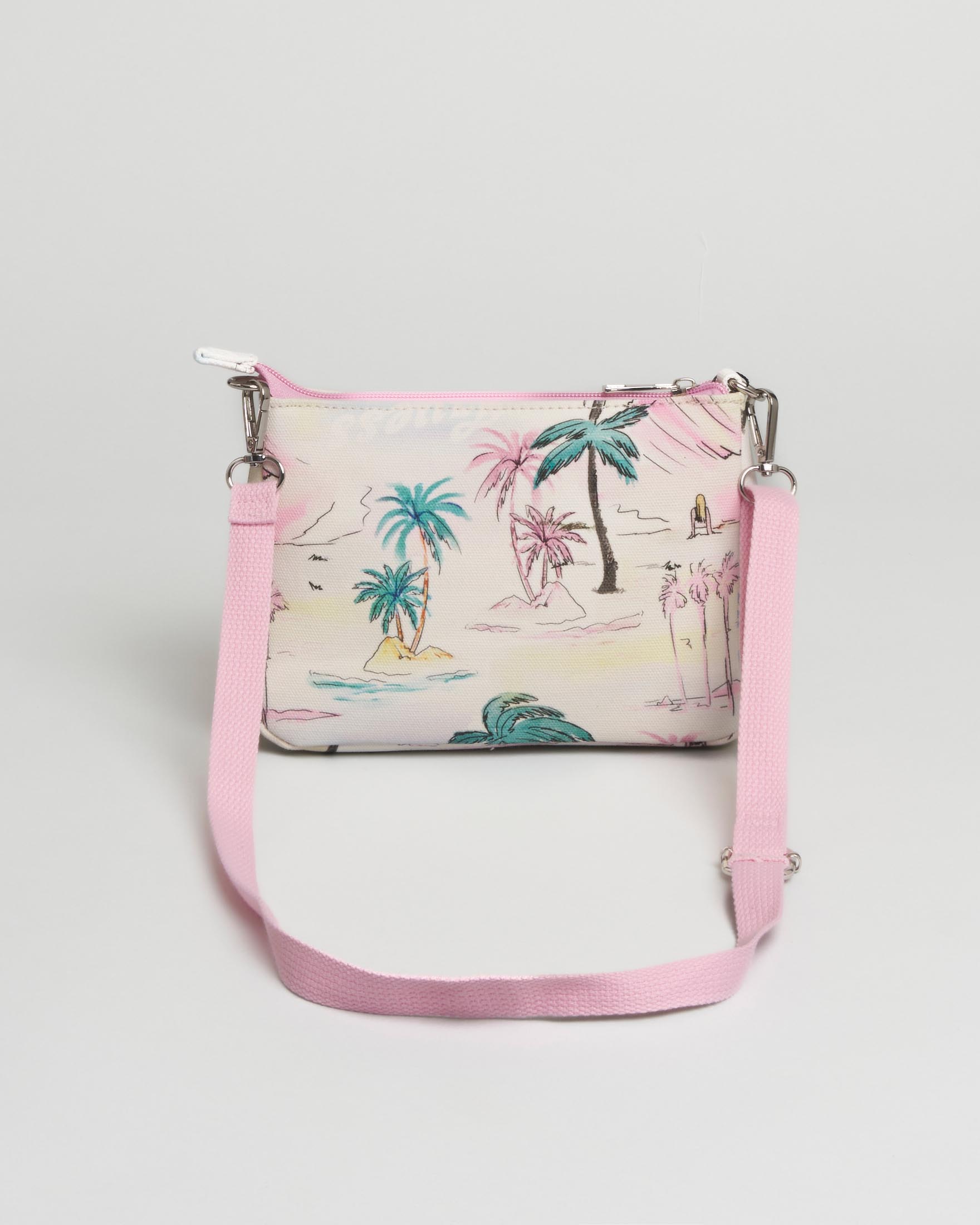 Borsa Guess rosa in cotone con stampa palme e tracolla