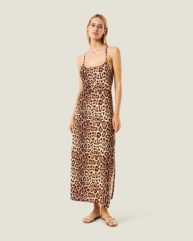 Abito lungo 4Giveness leopardato con schiena intrecciata e spacco laterale