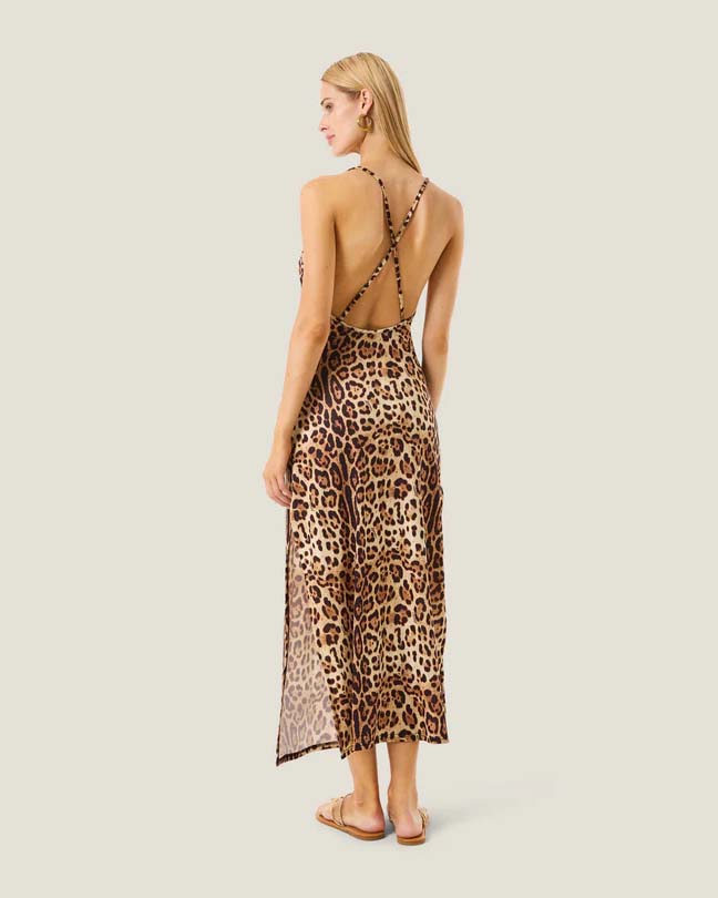 Abito lungo 4Giveness leopardato con schiena intrecciata e spacco laterale image