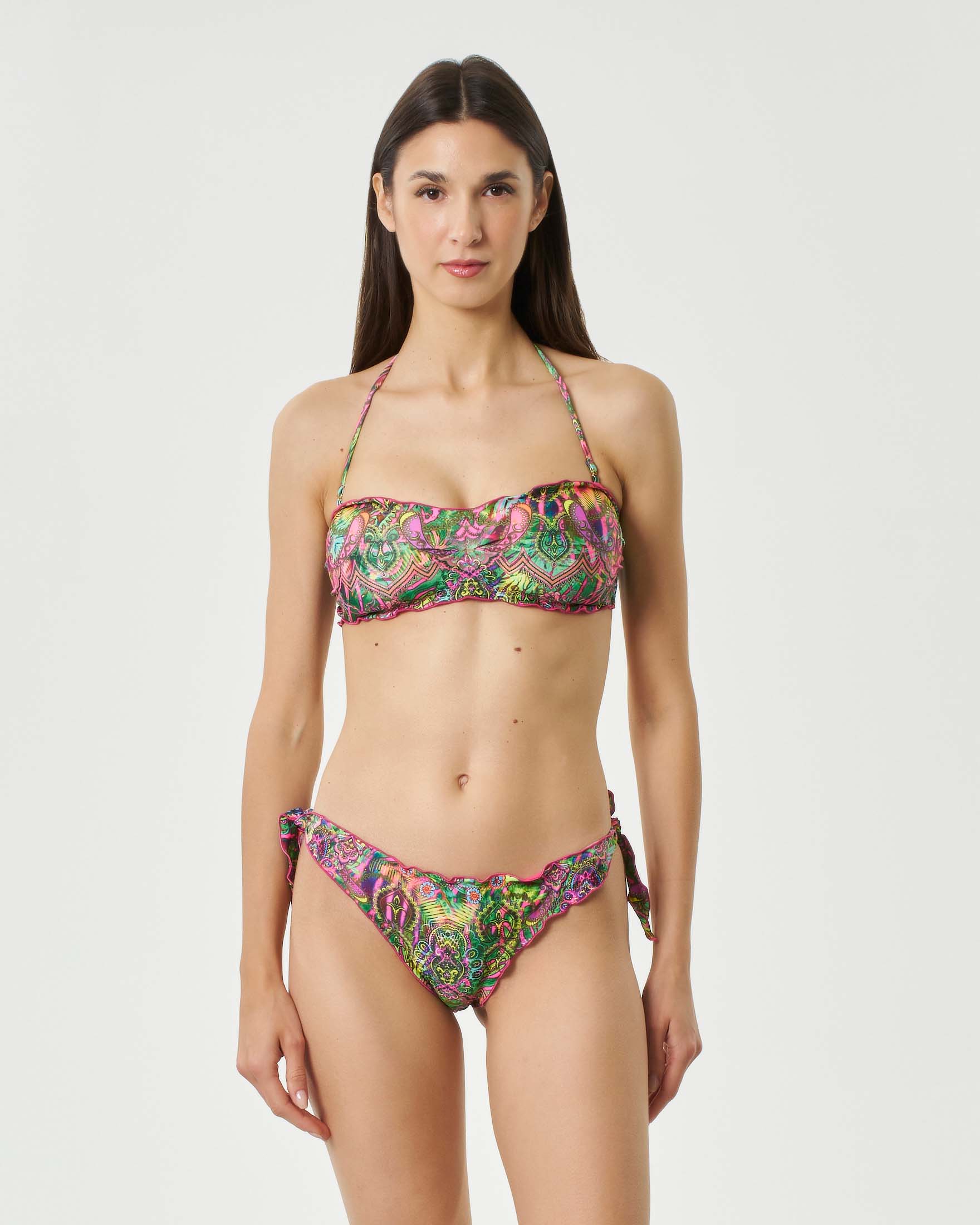 Bikini due pezzi verde fantasia Karma Soul con top a fascia e brasiliana con laccetti