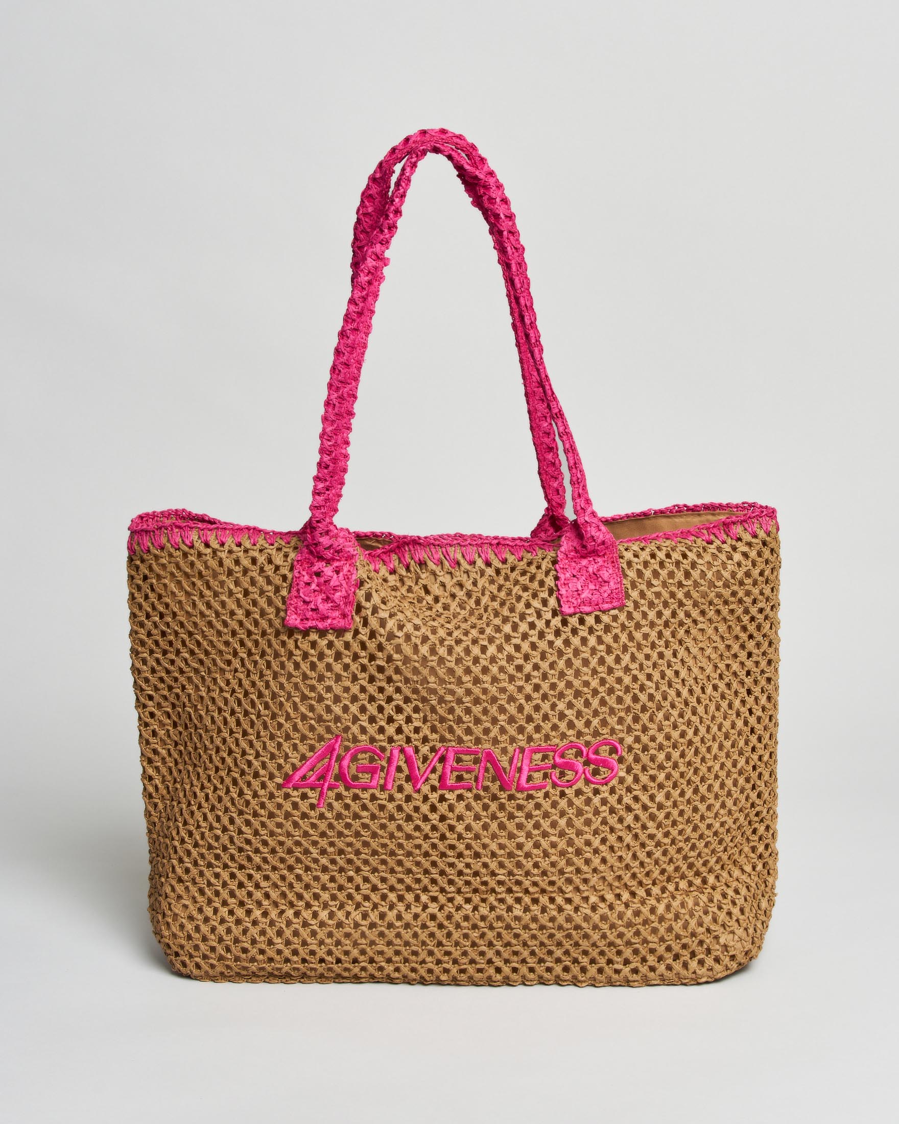 Borsa tote da mare in rafia intrecciata con scritta logo e doppio manico fucsia