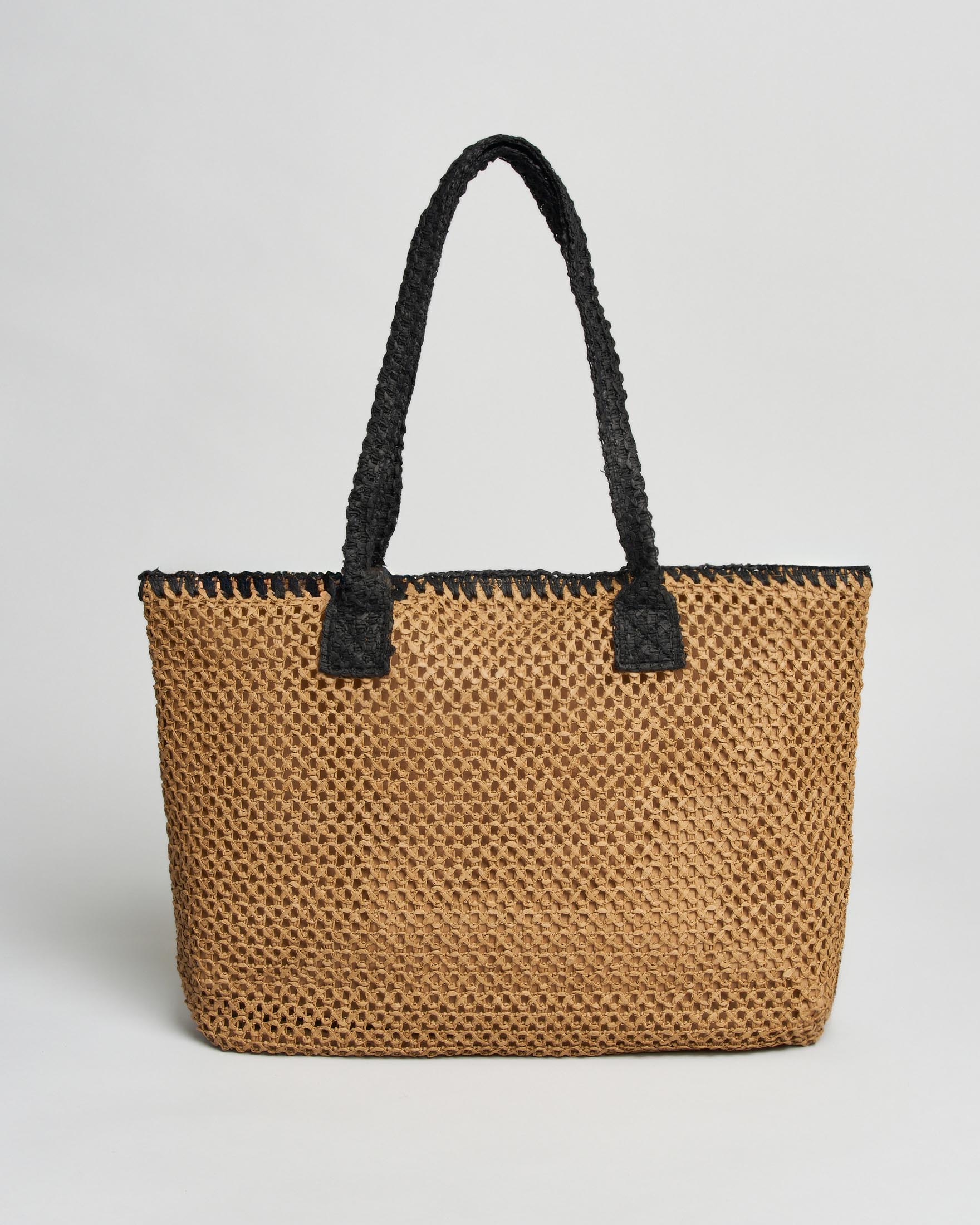 Borsa tote da mare 4Giveness in rafia intrecciata con scritta logo e doppio manico nero