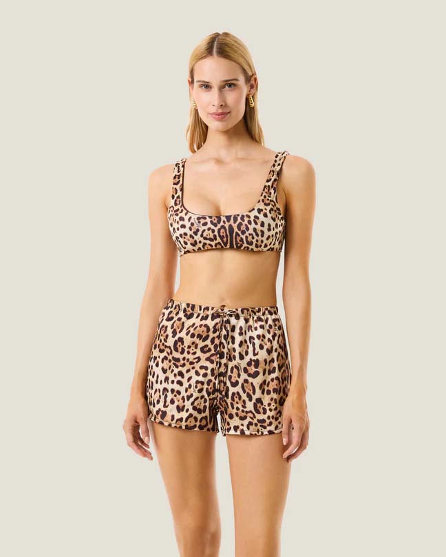 Shorts mare a stampa animalier con vita elasticizzata e coulisse regolabile