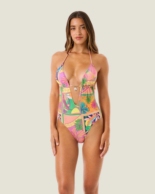 Costume intero a stampa tropicale con scollatura a goccia e charms foglie oro