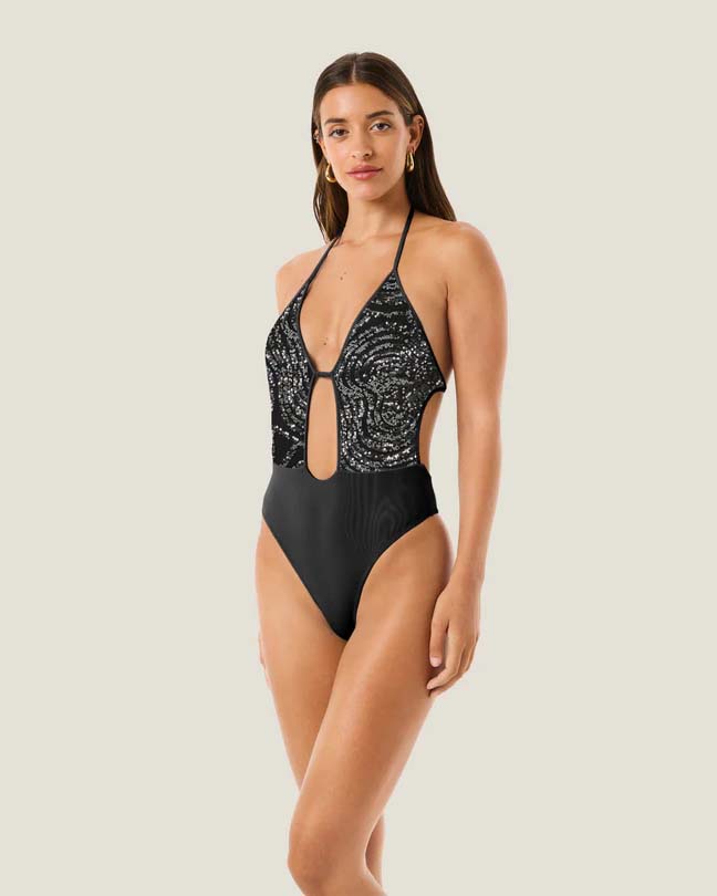 Costume intero nero con top a triangolo con paillettes argentate e scollo profondo a goccia