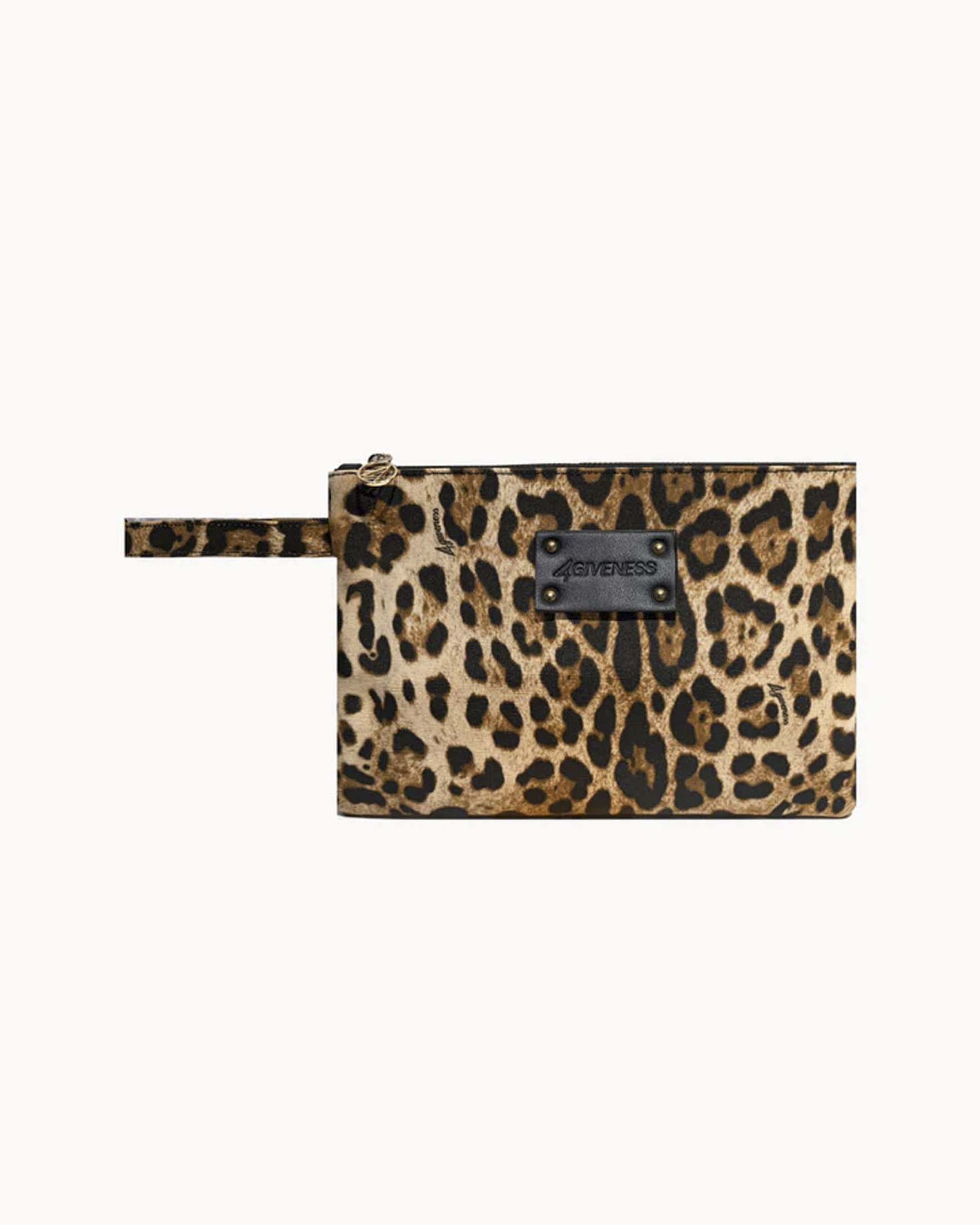 Pochette mare grande in polycanvas a stampa leopardata con manico da polso