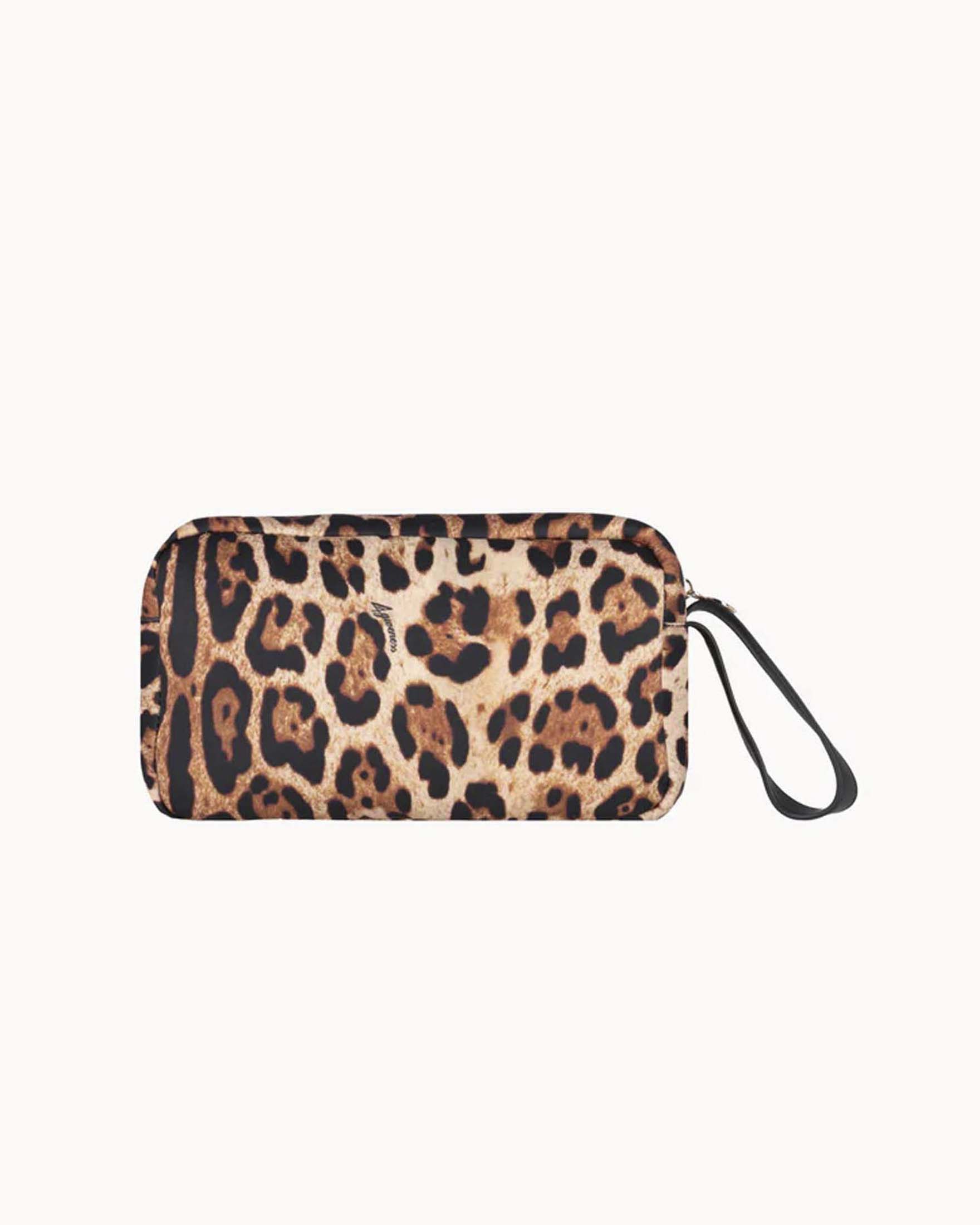 Beauty case 4Giveness in neoprene leopardato con manico da polso e logo frontale applicato