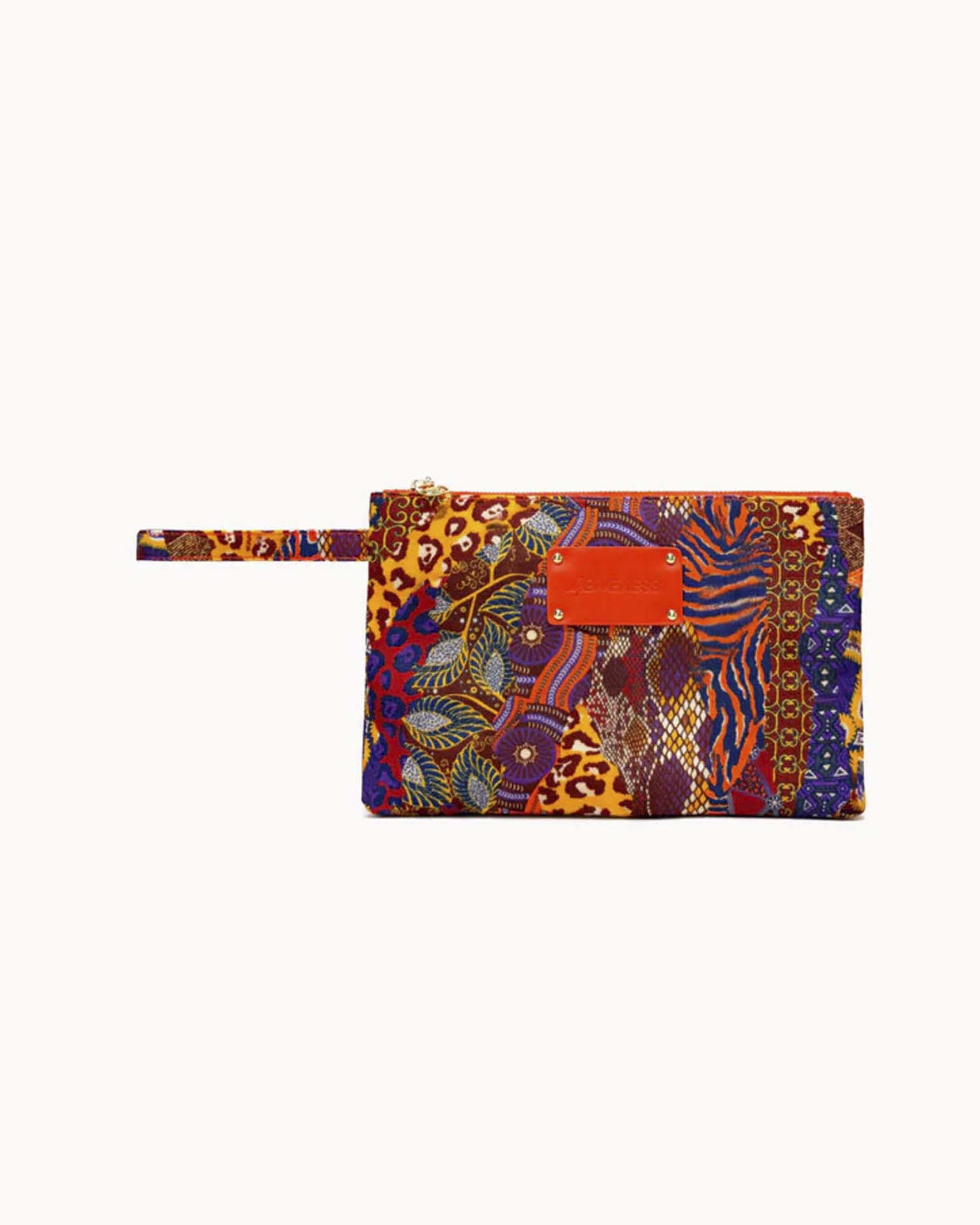 Pochette mare grande viola a stampa patch animalier e disegni colorati con manico da polso