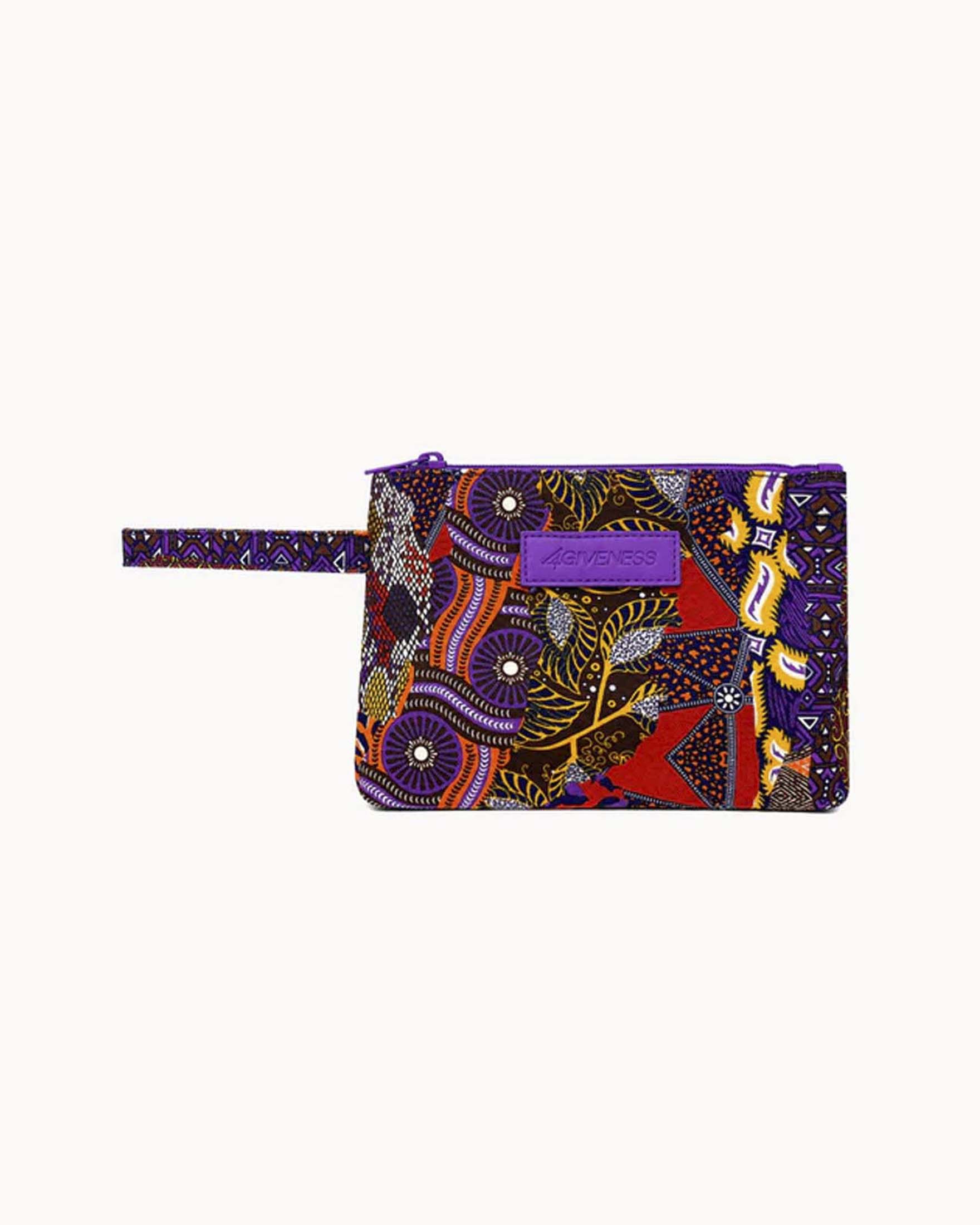 Pochette mare piccola viola a stampa patch animalier e disegni colorati con manico da polso