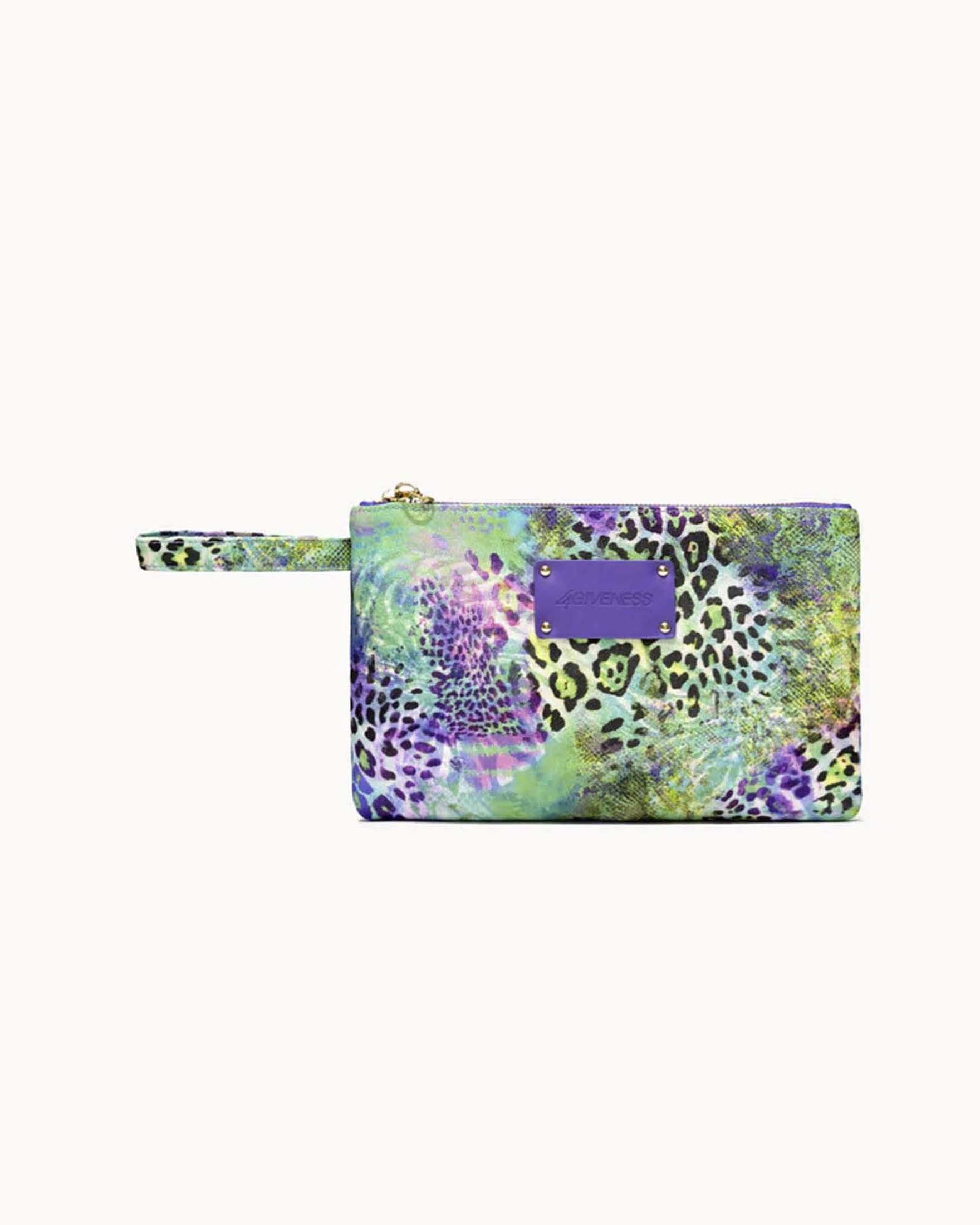 Pochette mare grande a stampa animalier e macchie colorate con manico da polso
