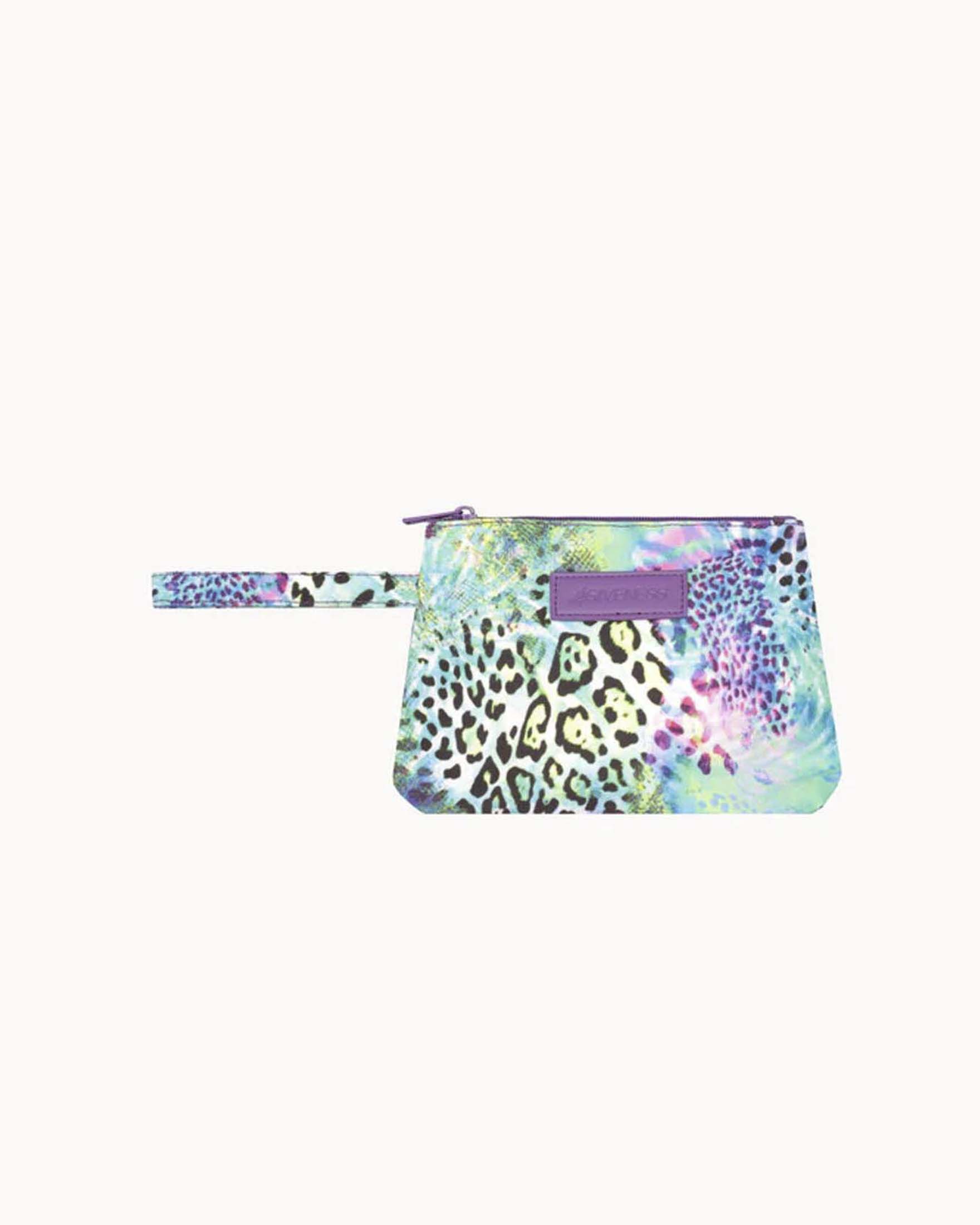 Pochette mare piccola a stampa animalier e macchie colorate con manico da polso
