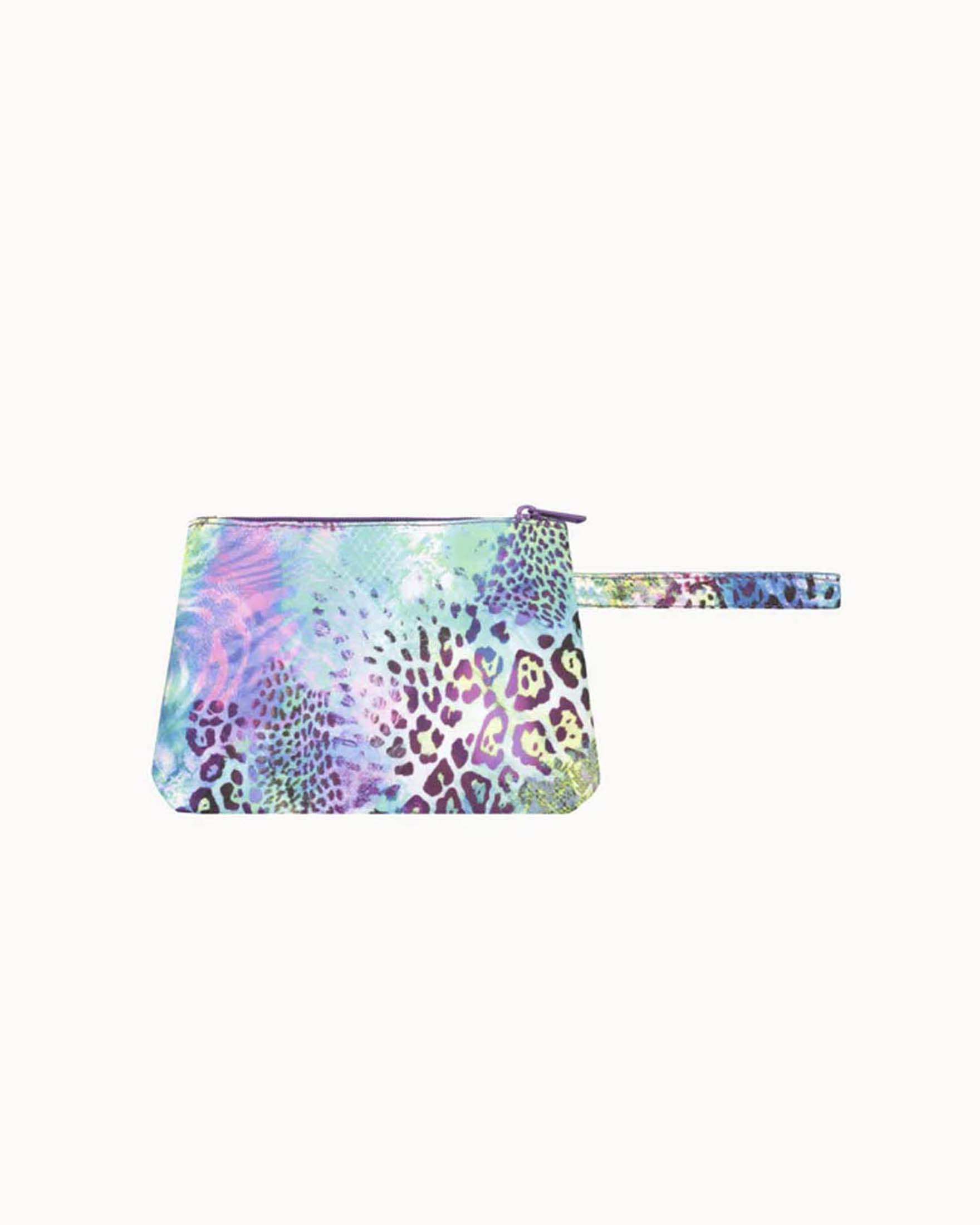 Pochette mare piccola 4Giveness a stampa animalier e macchie colorate con manico da polso