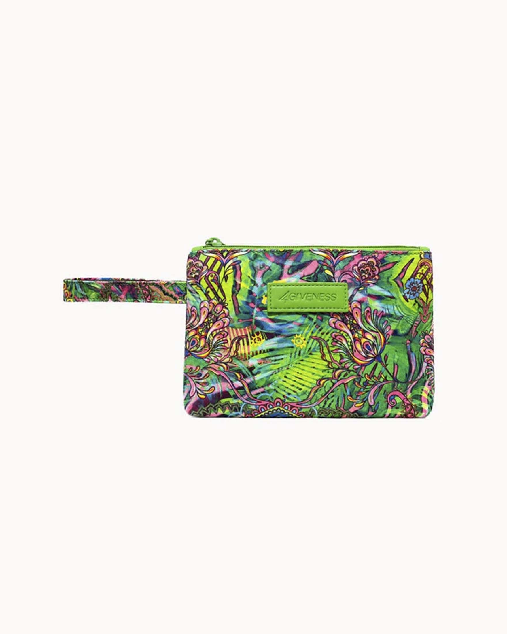 Pochette mare piccola verde a stampa tropicale con manico da polso