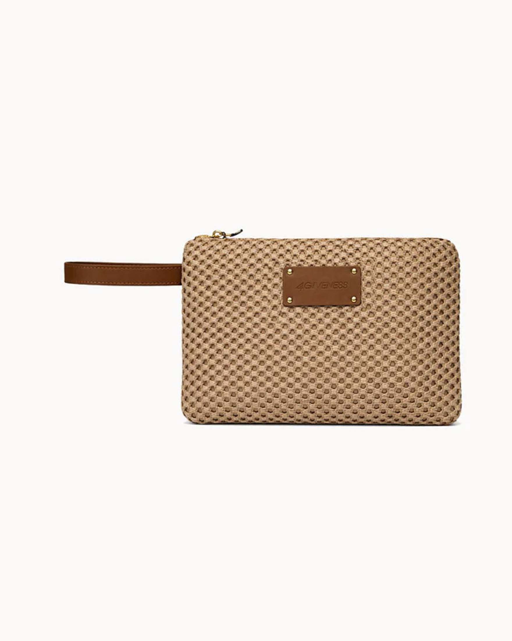 Pochette mare grande in rafia intrecciata naturale e manico da polso