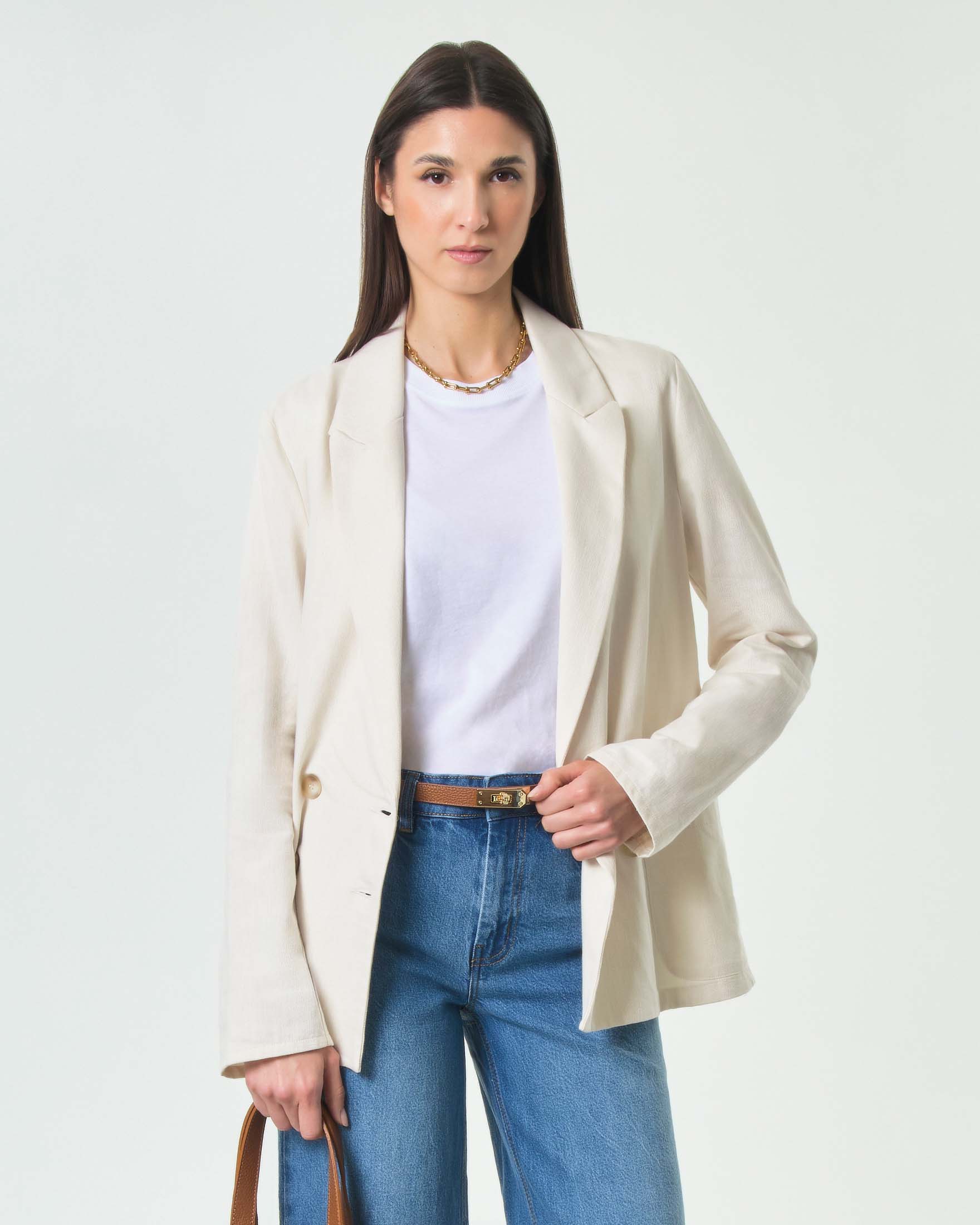 Hlo! — Blazer doppio petto Hlo! color écru in tessuto con tasche applicate sul fronte