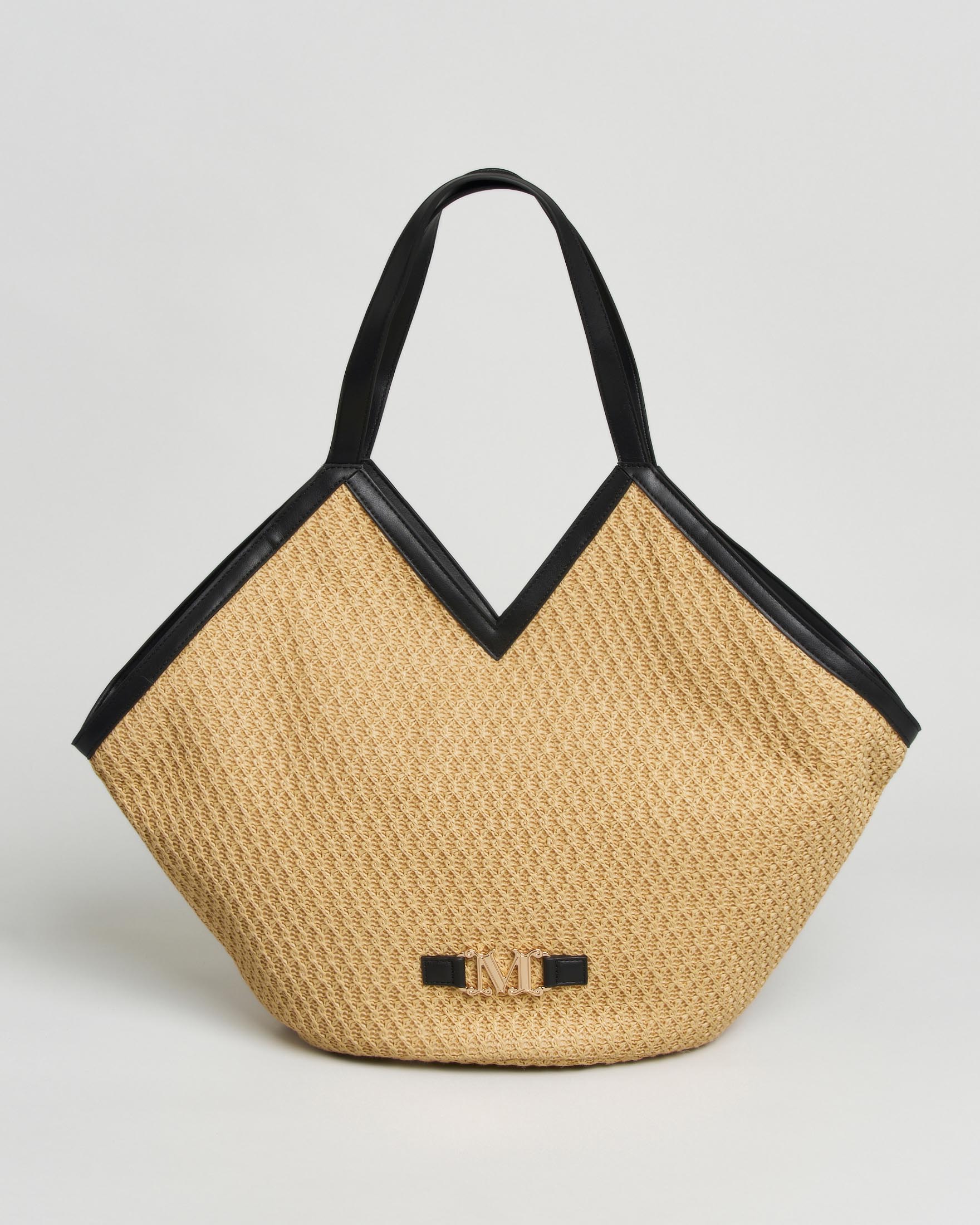 Borsa mare grande a trapezio Max Mara Beachwear in rafia naturale con rifiniture nere