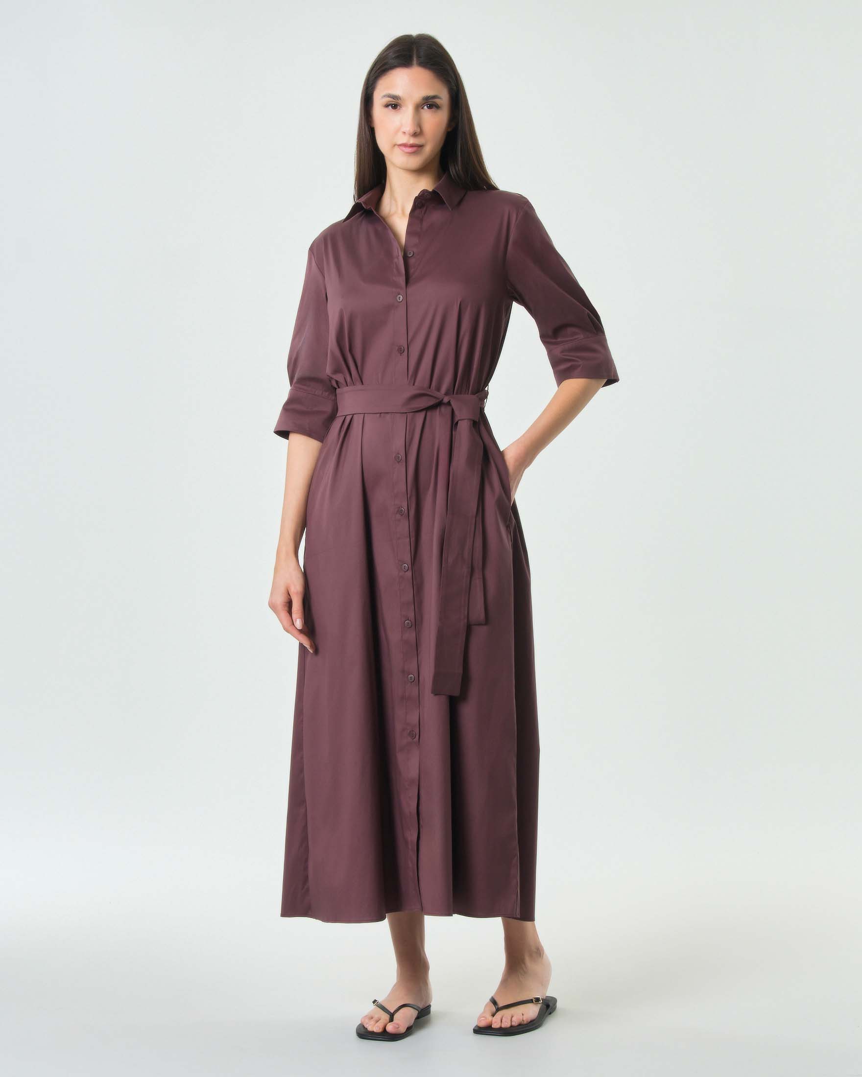 Abito lungo chemisier Beachwear color melanzana in misto cotone con fusciacca