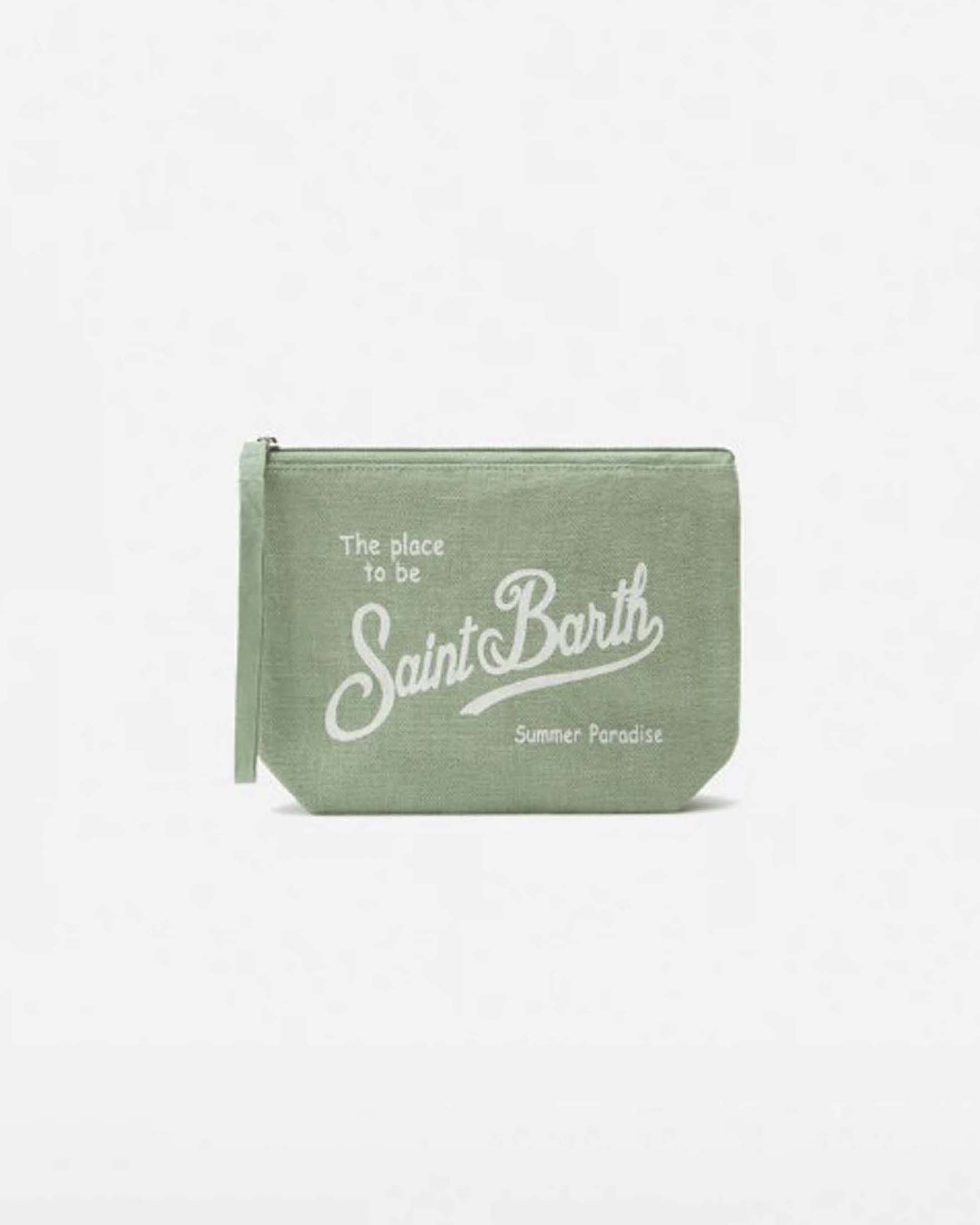 Pochette MC2 Saint Barth verde salvia in lino con scritto logo bianca stampata