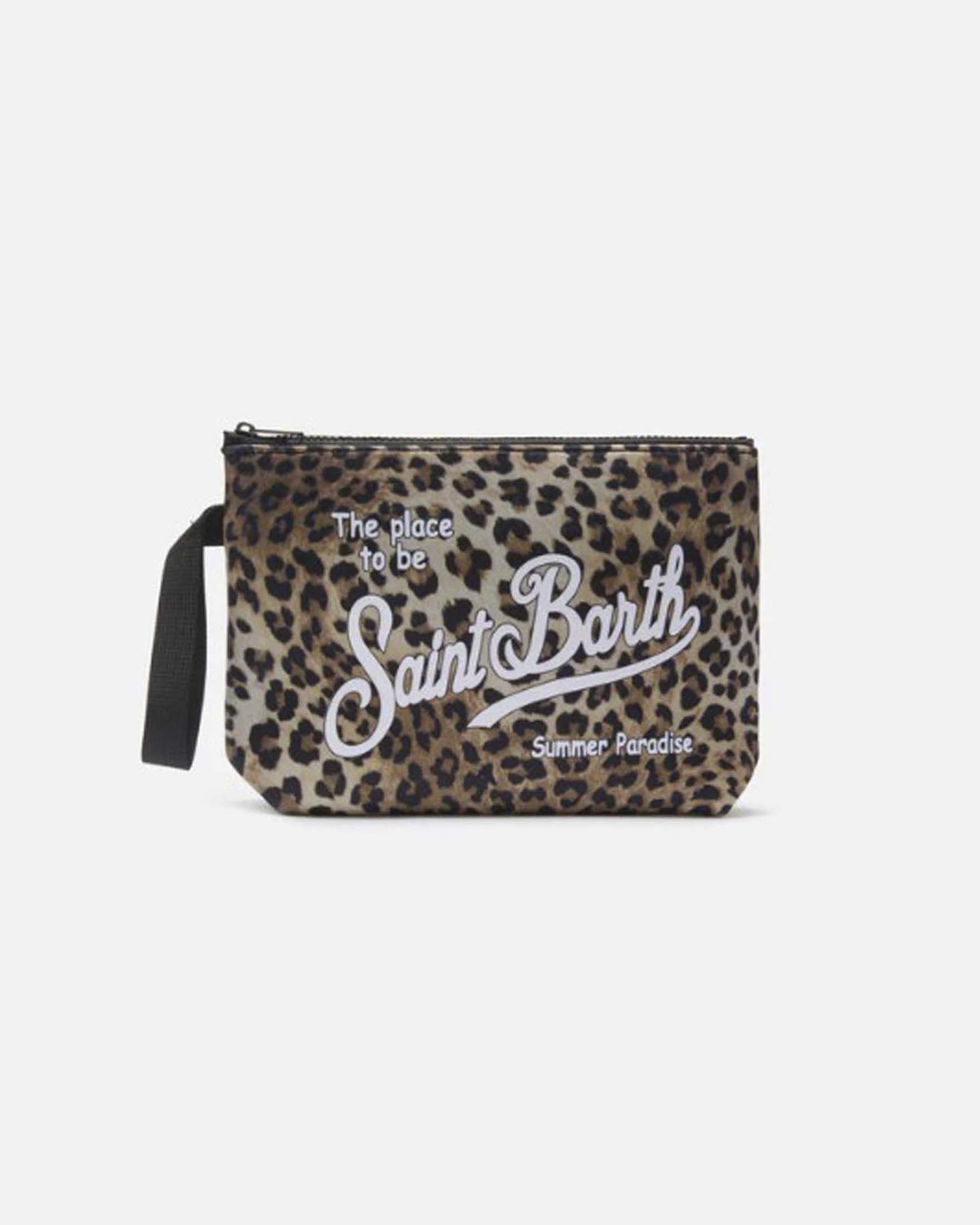 Pochette Aline Large in tessuto scuba con stampa leopardata e scritta logo bianca