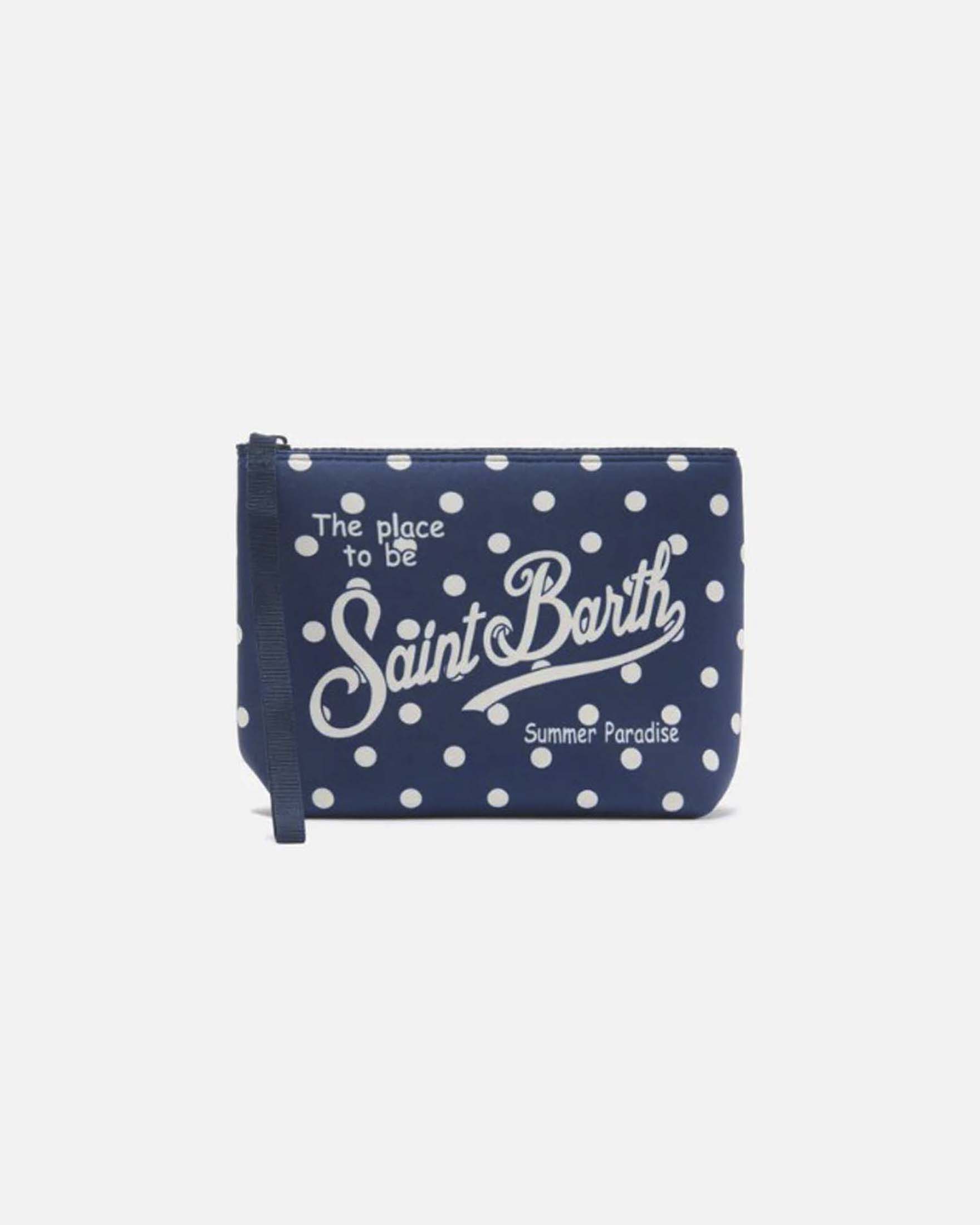 Pochette Aline blu a pois bianchi in tessuto scuba con laccetto laterale