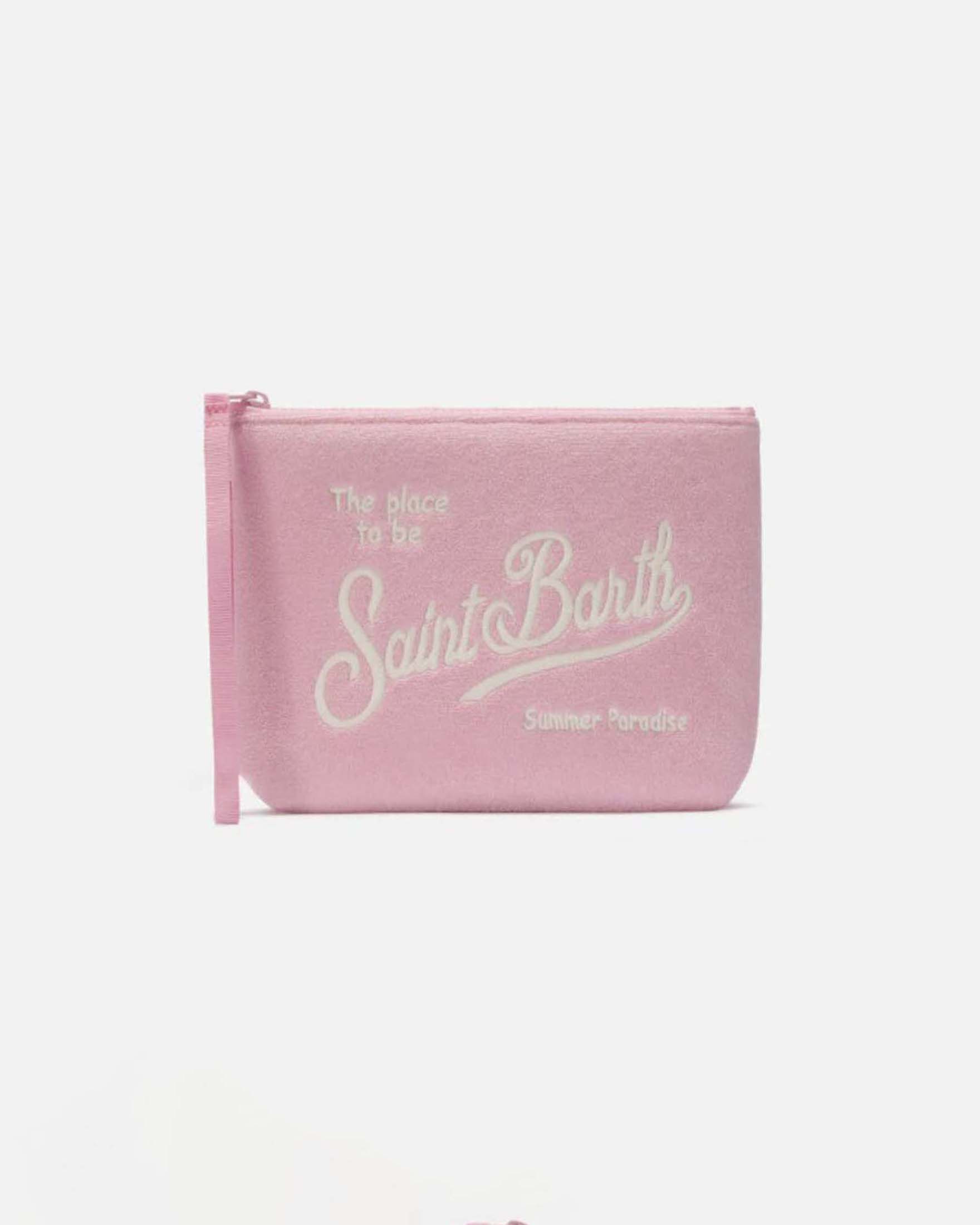 Pochette Aline rosa effetto velvet con scritta logo in strass applicati color argento