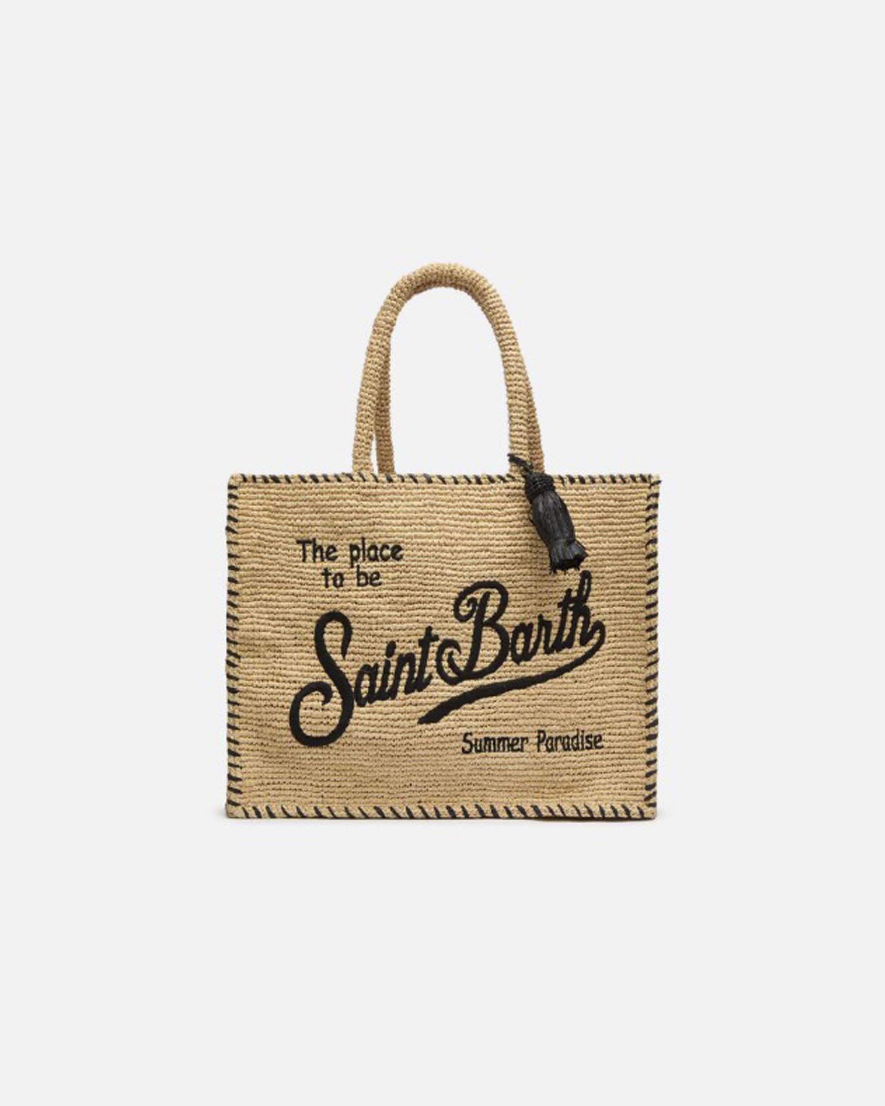 Borsa Vanity in rafia con impunture nere a contrasto