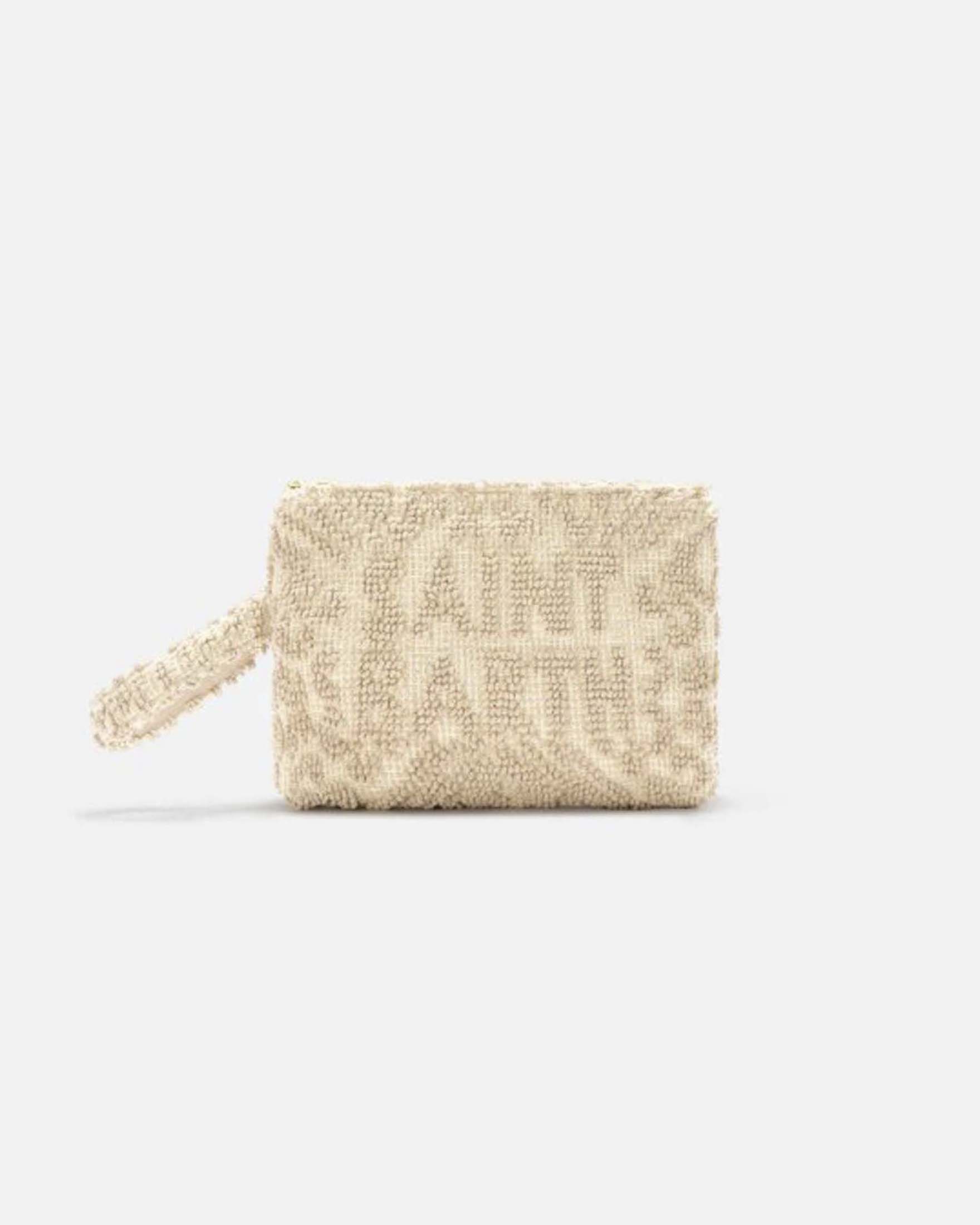 Pochette Aline beige in cotone con lavorazione tufting e laccetto laterale