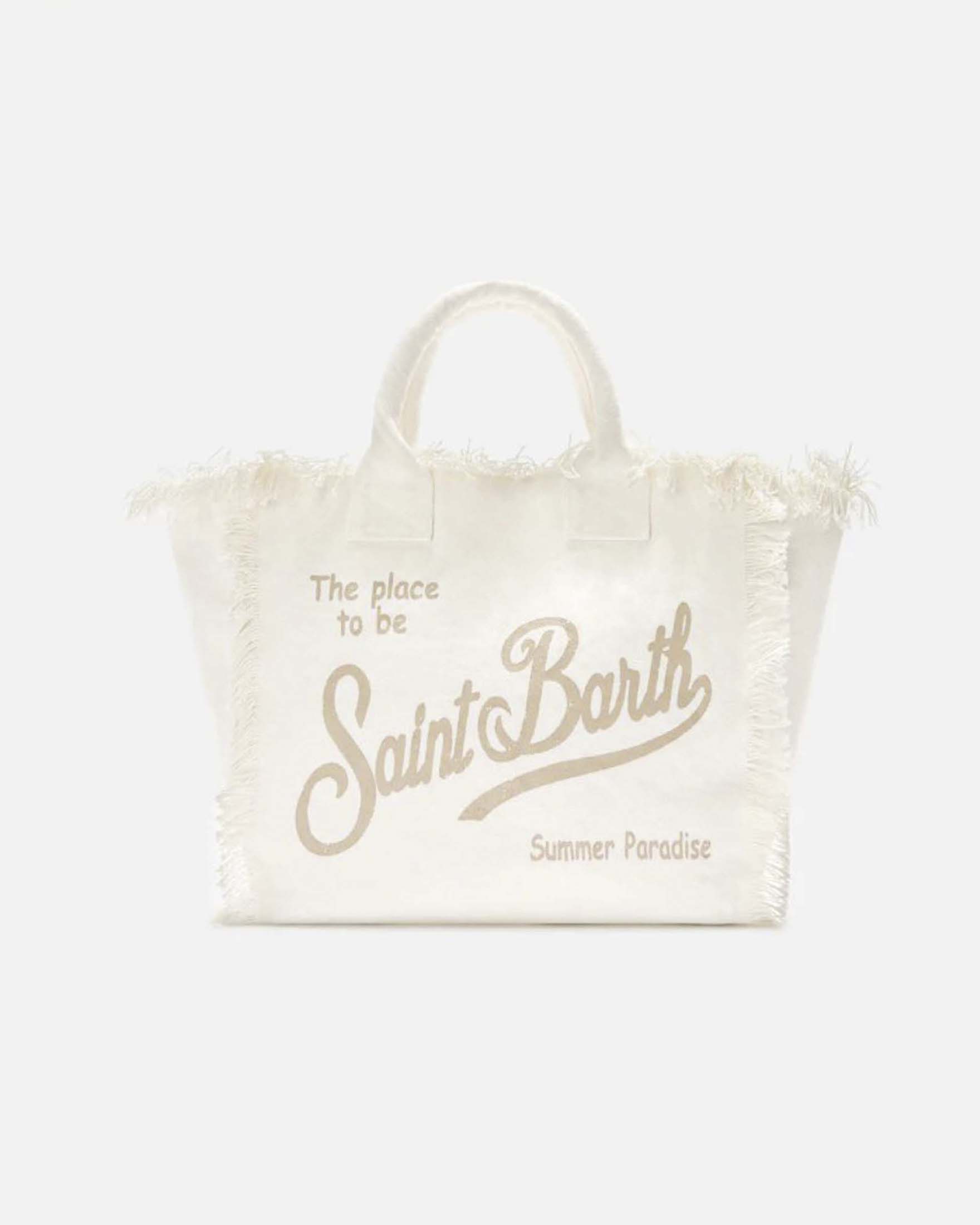 Borsa Vanity bianca in tela di cotone con frange e lettering logo beige