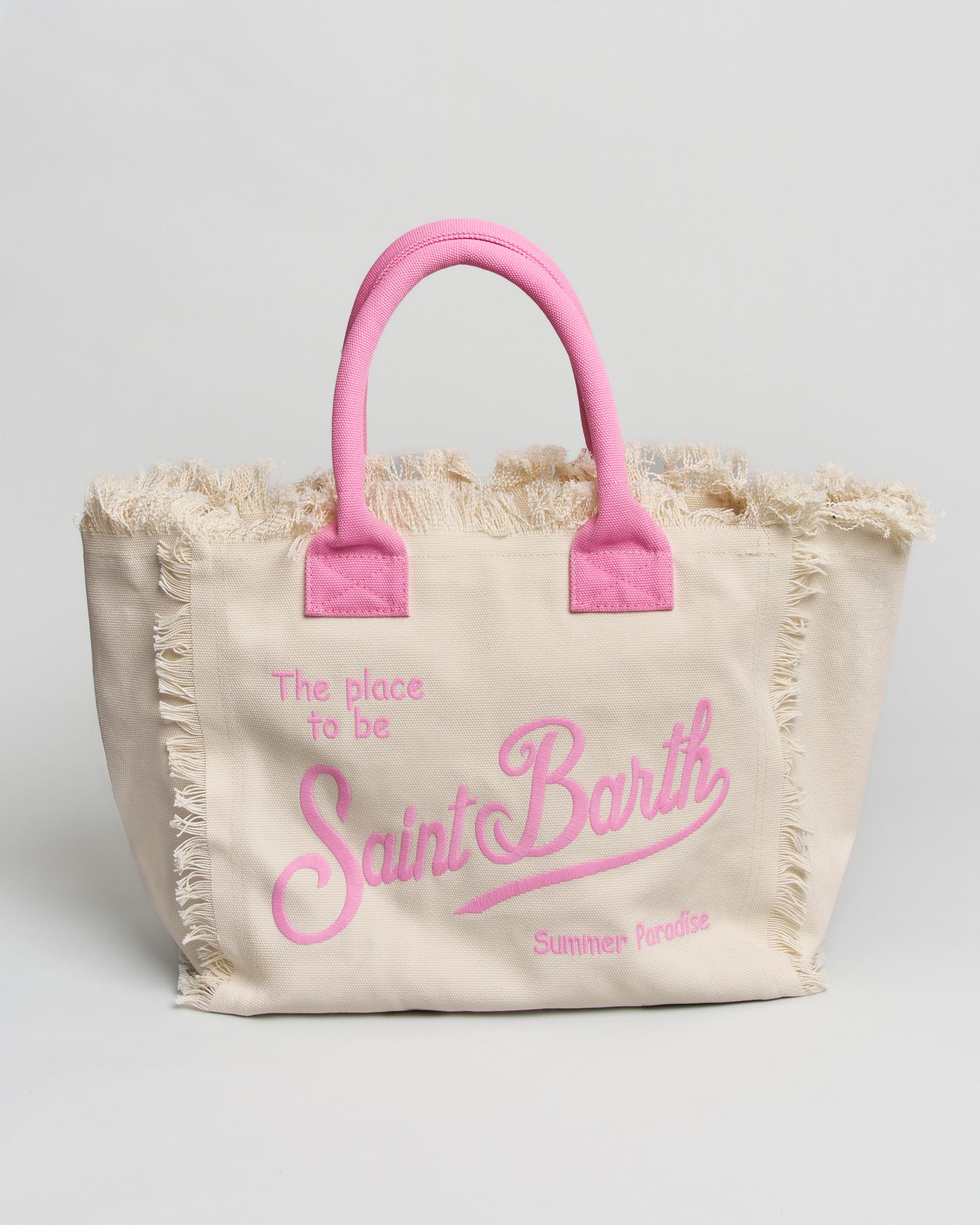 Borsa Vanity MC2 Saint Barth écru in tela di cotone con frange e lettering logo rosa