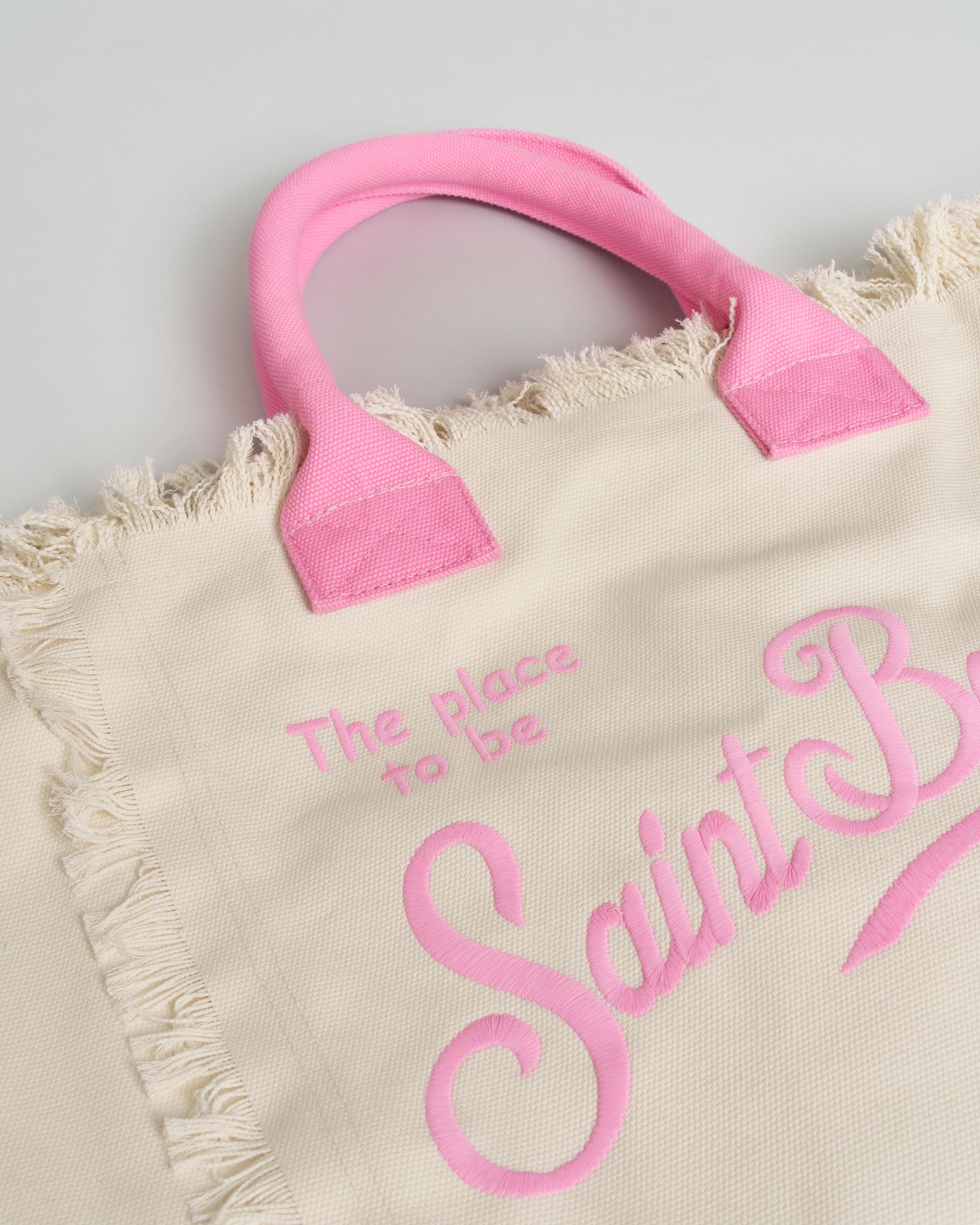 Borsa Vanity MC2 Saint Barth écru in tela di cotone con frange e lettering logo rosa image